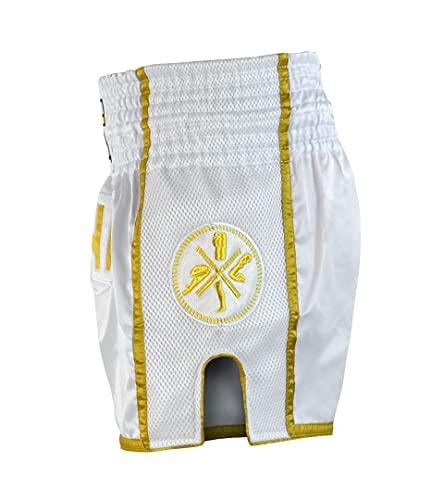 Combat Corner CRNR Muay Thai Shorts | Kickboxing Thai Boxing MMA Training Competition Athletic Shorts | White/Gold | Youth Small