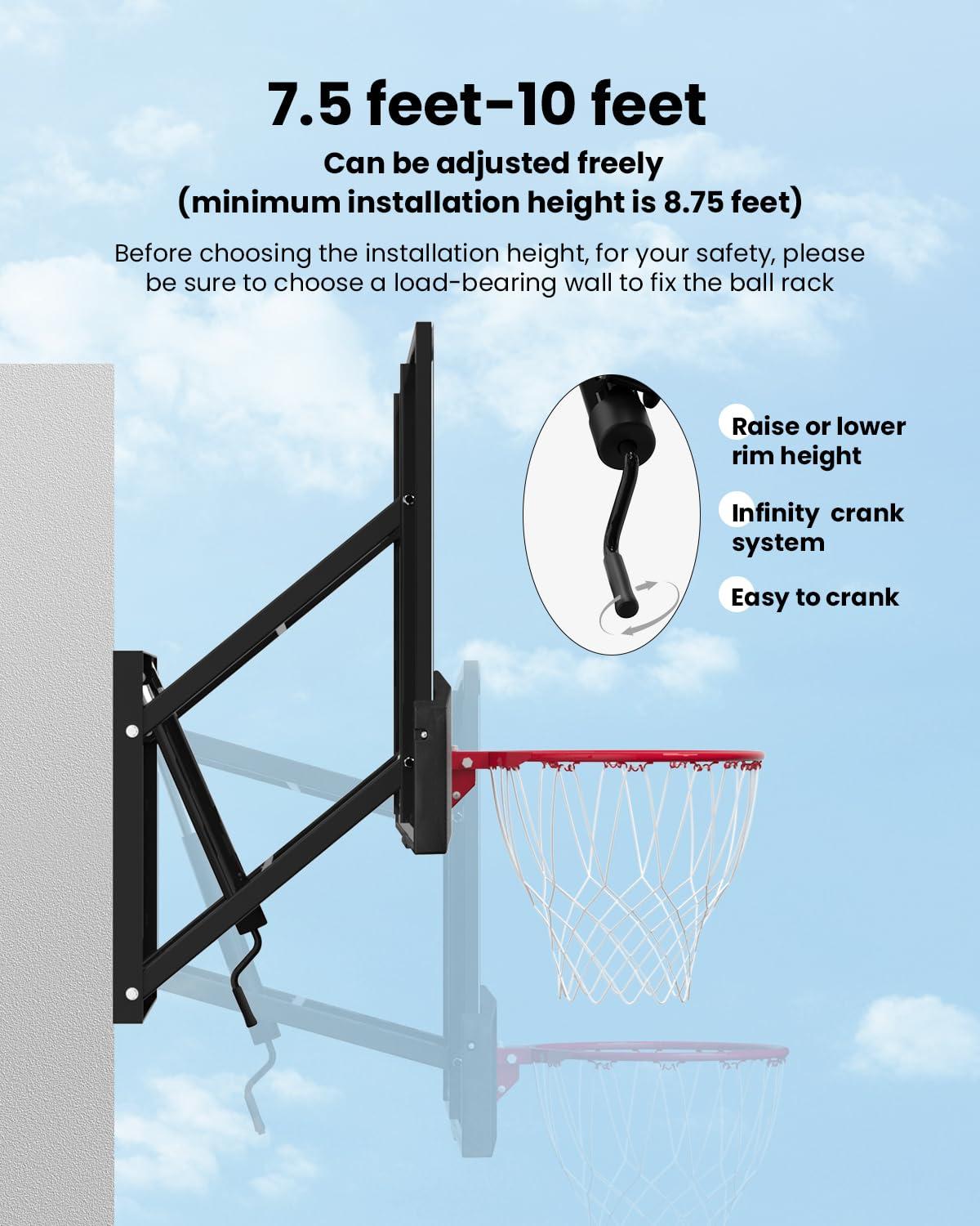 IGL IGL Wall Mount Basketball Hoop, 54in Basketball Hoop Outdoor with Shatterproof Backboard, 7.5ft-10FT Height Adjustable,Heavy Duty Breakaway Rim Combo Fit Most Slanting Roofs