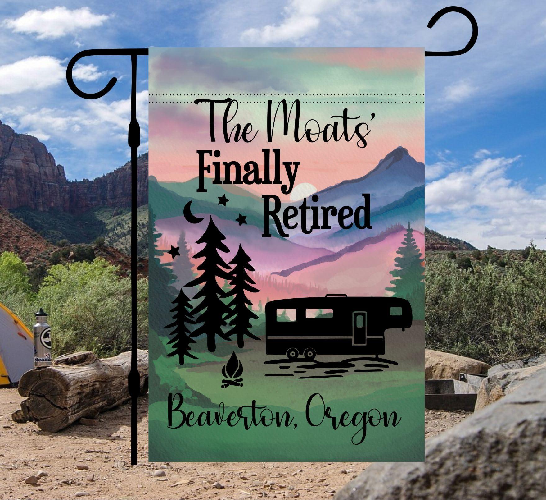 Krista Custom Creations Personalized camper Garden Flag for Campsite, Custom outdoor camping decoration sign, unique yard decor for RV travel trailer, Motorhome, tent, camping enthusiasts (Solid fifth wheel camper)