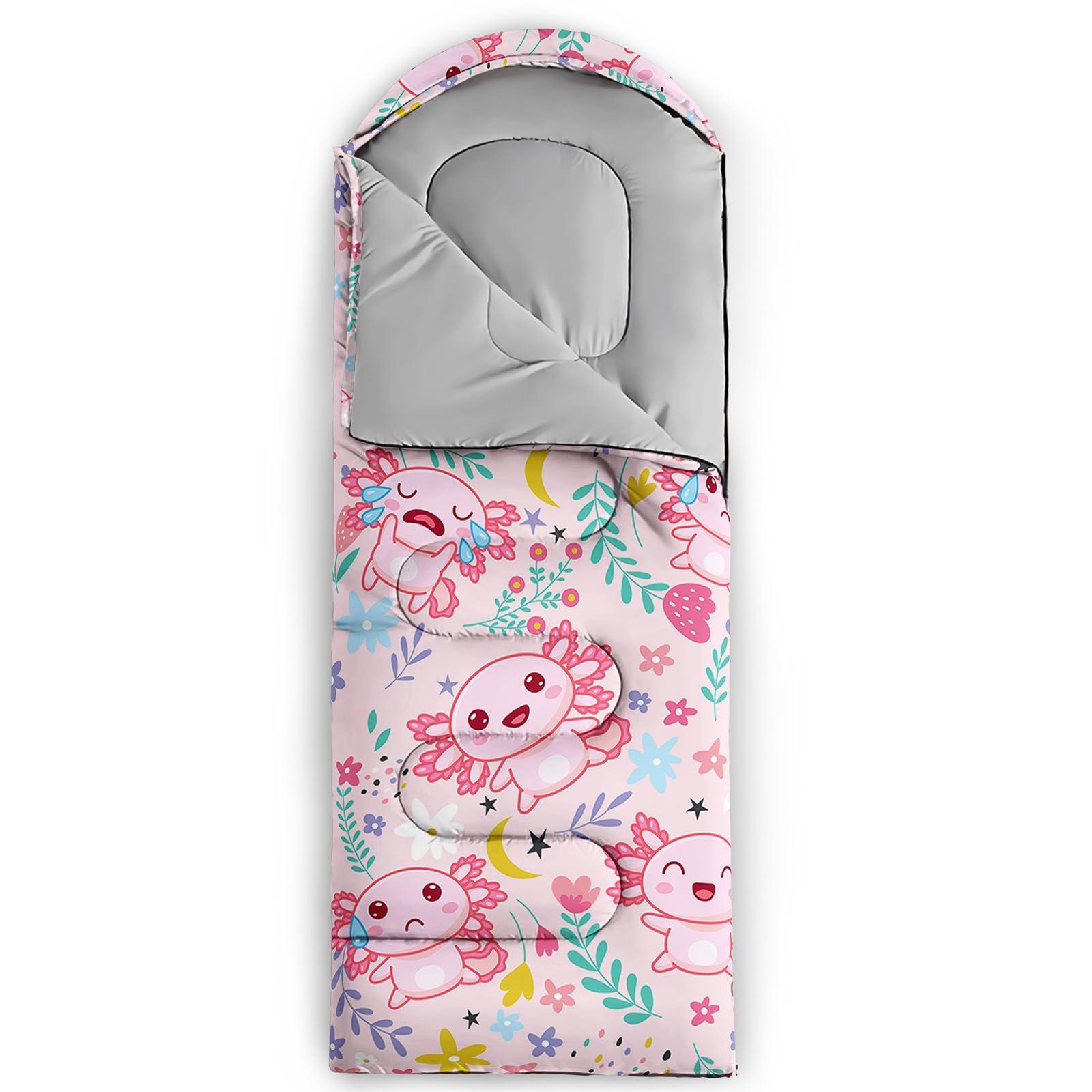 QOOMO QOOMO Cute Axolotl Printed Camping Sleeping Bags,3 Season Warm & Cool Weather,Lightweight,Waterproof Sleeping Bags for Adults & Kids,Traveling,and Outdoors,Camping Gear Equipment, 31x90inch
