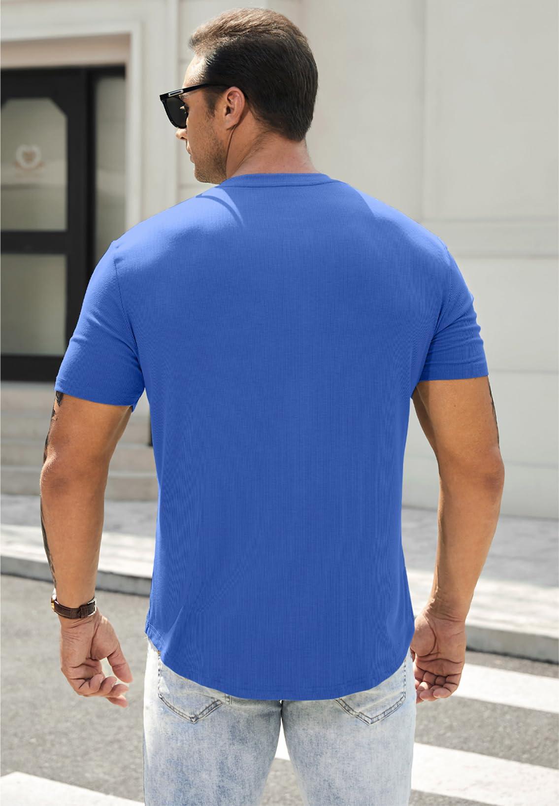 JMIERR JMIERR Mens Muscle Slim Fit Button Henley Shirts Summer Crewneck Short Sleeve Longline Fitted T-Shirt Gym Workout Athletic Tee Shirt for Men, XL, Blue2