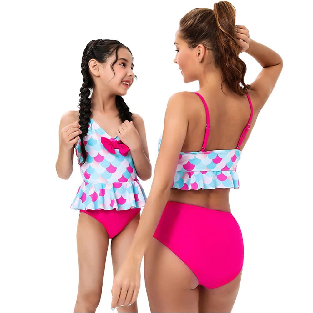 ODASDO Mommy and Me Swimsuit Two Pieces Bikini Set Bathing Suit Mom and Daughter Family Matching Swimwear Monokini Padded Push Up Tummy Control Mermaid Women Girl's One-Piece Summer Beachwear Hot Pink 2-3Y