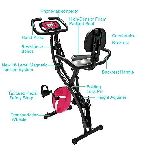 MTFY MTFY 3 IN 1 Magnetic Foldable Upright Exercise Bike, Workout Cycling Folding X Bike w/Hand Pulse Sensor, LCD Display, Large Backrest, Comfy Seat and Handles, Stationary Recumbent Bike (Pink)