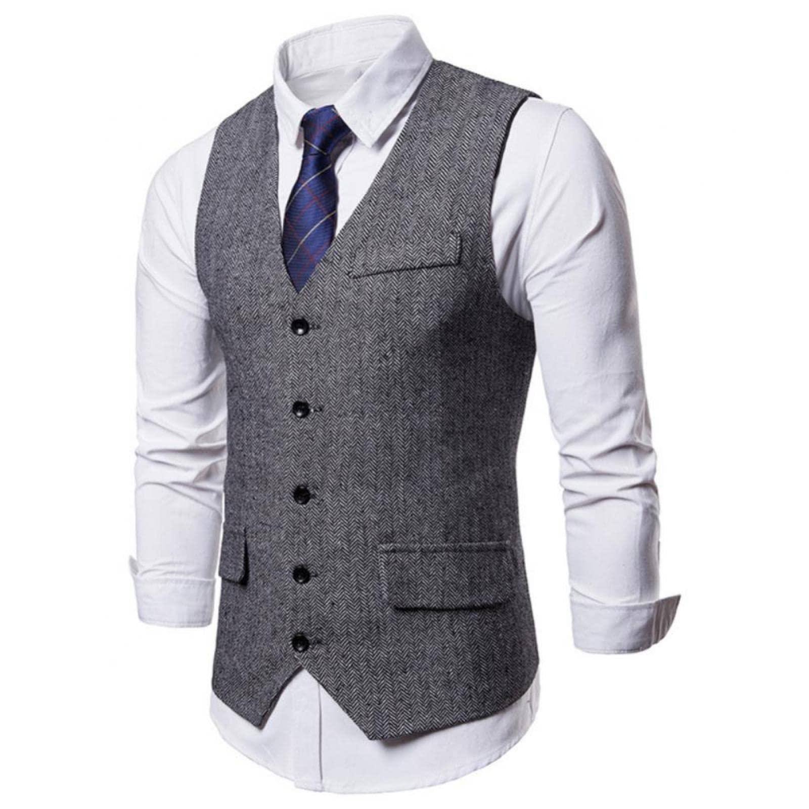 SHACE Men's Suit Vest - Men Autumn Sleeveless V Neck Lightweight Pockets Casual Single Breasted Herringbone Business Wedding Party Suit Waistcoat,Grey,M