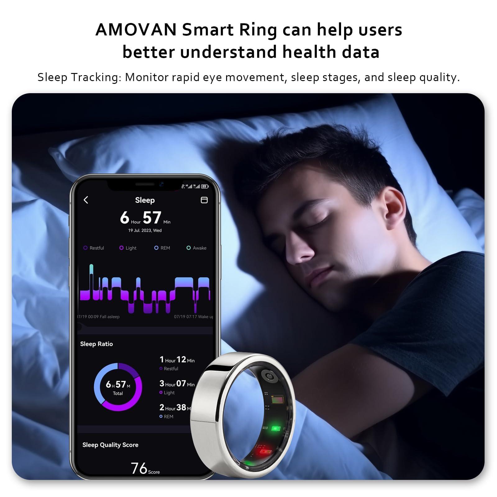 AMOVAN AMOVAN Smart Ring Health Tracker, Fitness Sleep Heart Rate Blood Oxygen Tracker Smart Ring, Water Resistant Bluetooth Fitness Tracker Rings