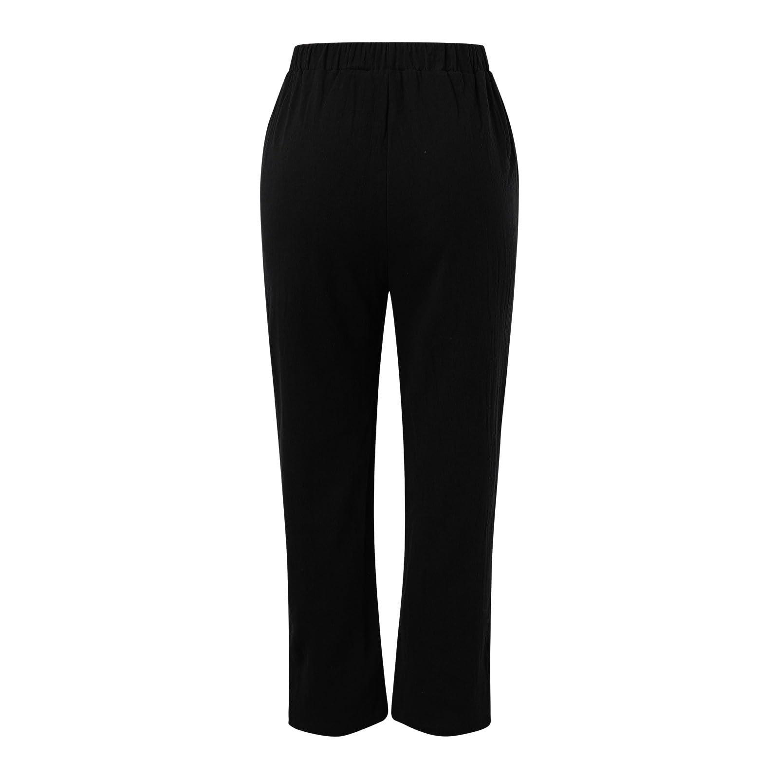 NineFit Basics Wide Leg Cropped Pants for Women Plus Size High Waisted Boho Vacation Drawstring Baggy Capris Wide Leg Cropped Pants for Women Dressy Slacks Comfy Plus Size Loose Fit Work Casual Pants Black