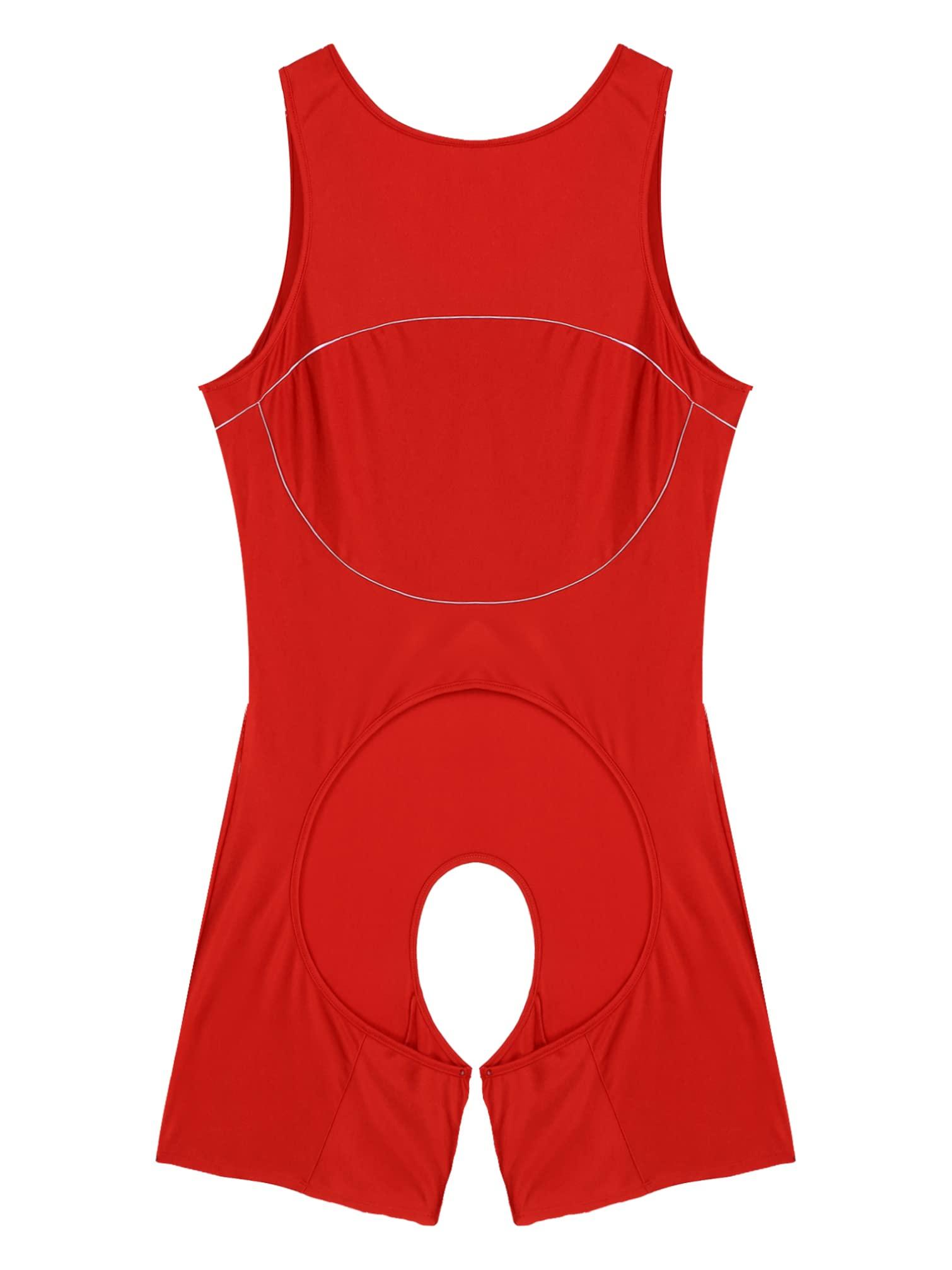 Linjinx Linjinx Men\'s Spandex Slim Fit Open Crotchless Wrestling Singlets Leotard Underwear Jumpsuits Red Large