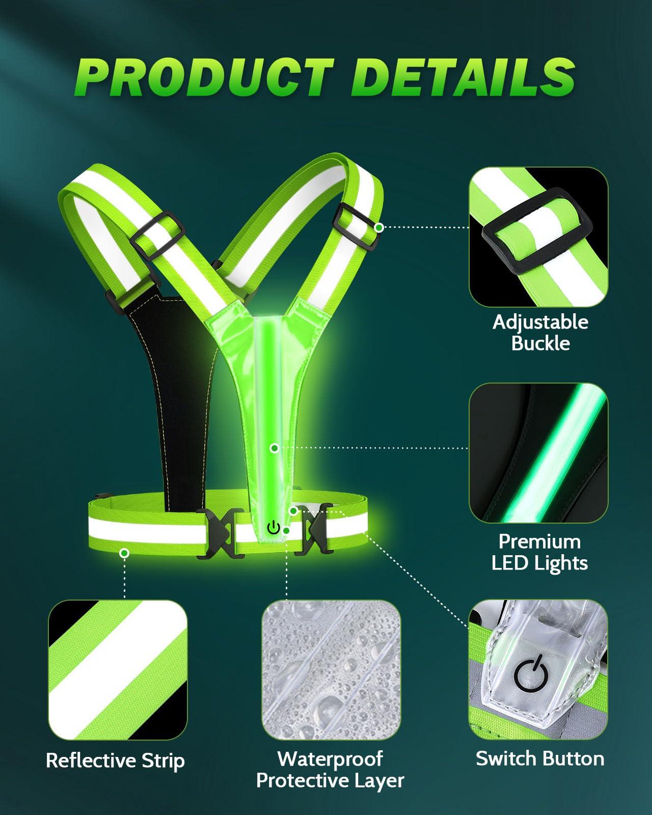 Fitense XL Size - LED Reflective Running Vest, 5 Colors Light Up Running Vest Rechargeable Running Lights for Runners High Visibility Reflective Running Gear, Adjustable for Men and Women