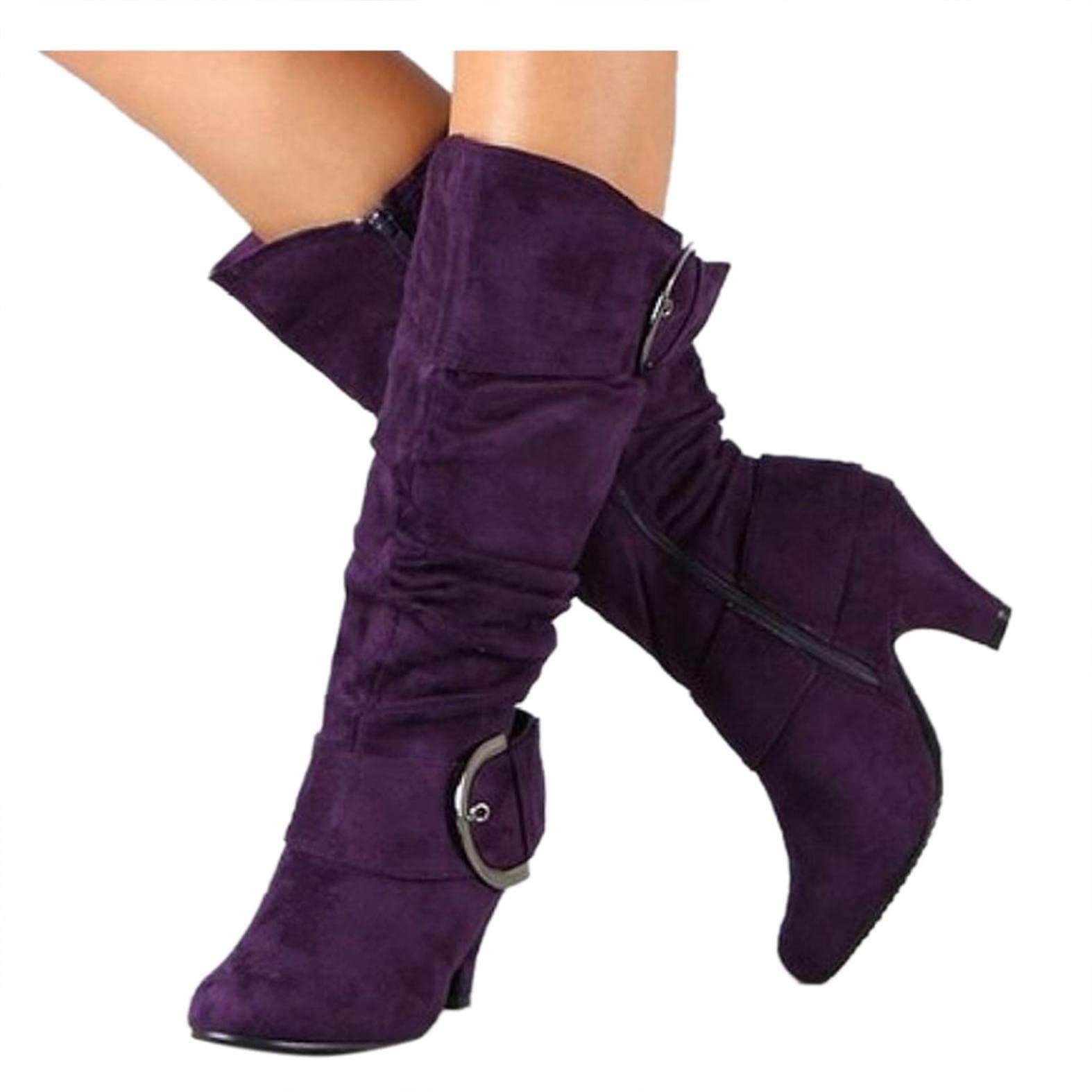 Bcshiye Bcshiye Women\'s Knee High Suede Chunky Heel Side Zipper Buckle Boots Stretch Winter Dress Party Boots High Heel Boots