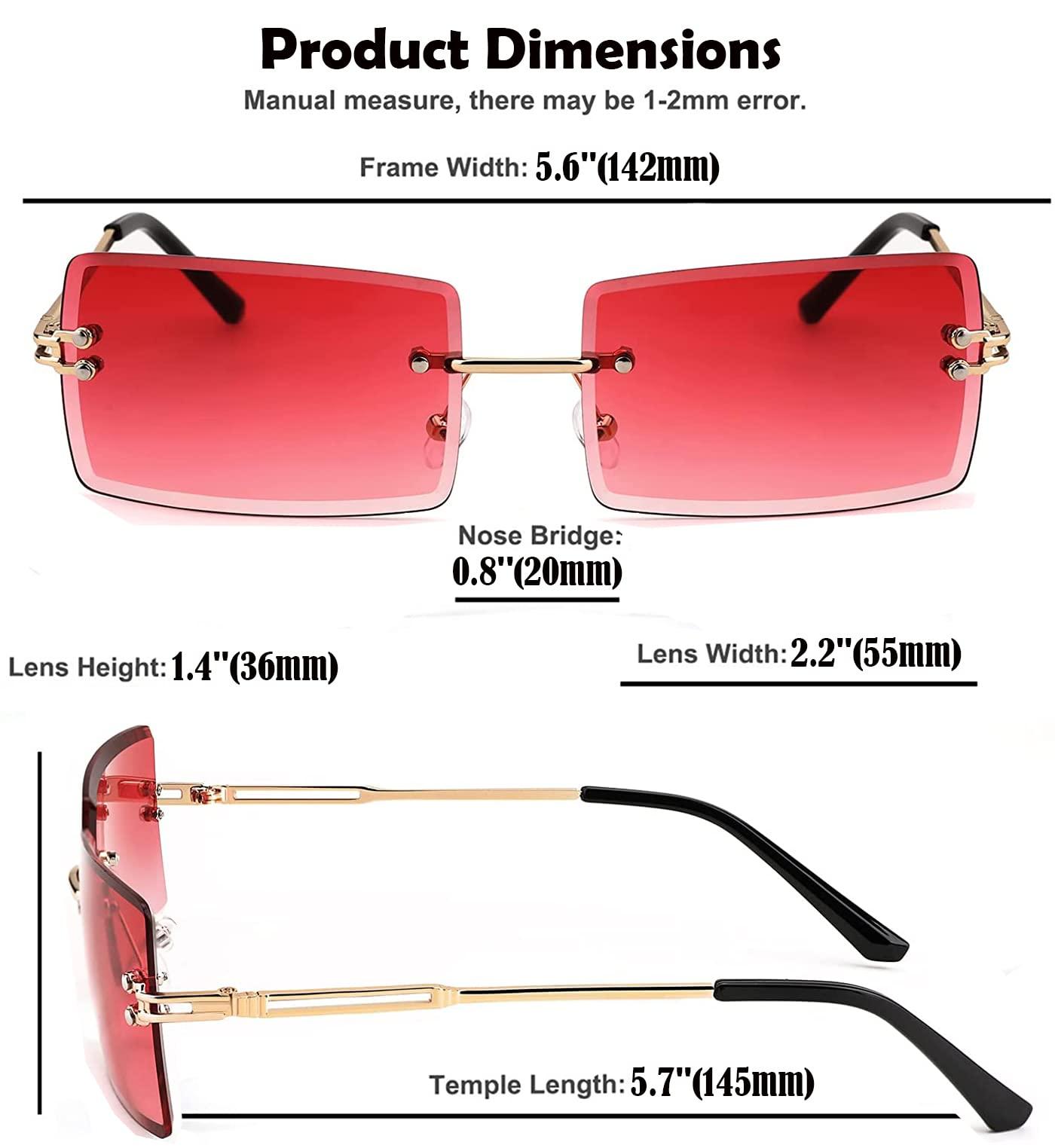 Mriendao Mriendao Red Sunglasses for Women Men Fashion Retro 90s Rimless Rectangle Tinted Sun Glasses Shades UV400