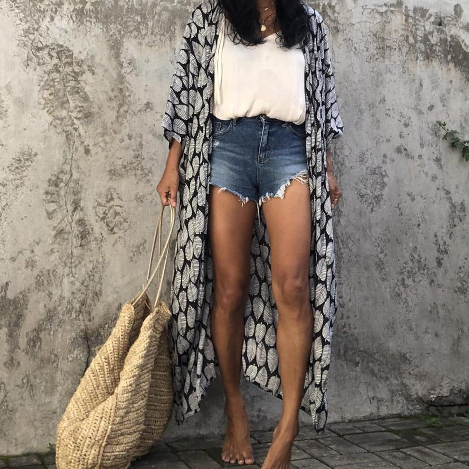 ZHENZQ ZHENZQ Women Swimsuit Printed Cover With Sleeve Long Gown Beach Dress Robe Beachwear Shawl Long Cover-ups Vacation