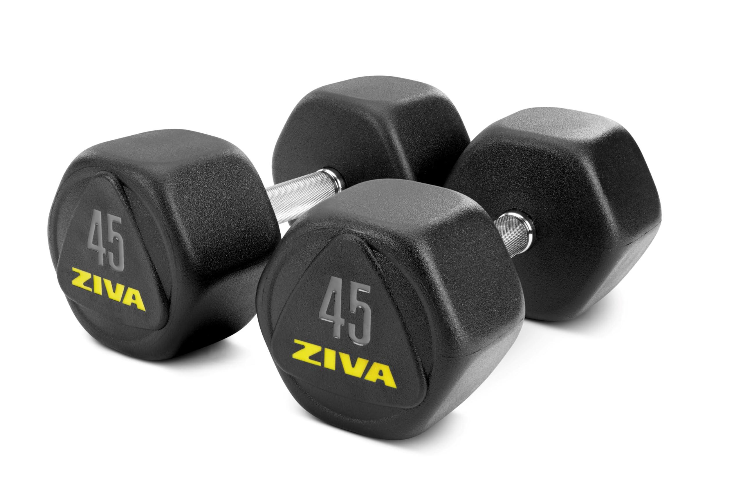 ZIVA ZIVA Performance RPU Hex Dumbbells Solid Steel Core, Premium Urethane Rubber Encasing, Corrosion Resistant - Commercial Grade for Rigorous Exercise, Strength Training - Pair of Two Dumbbell, 45 lb.