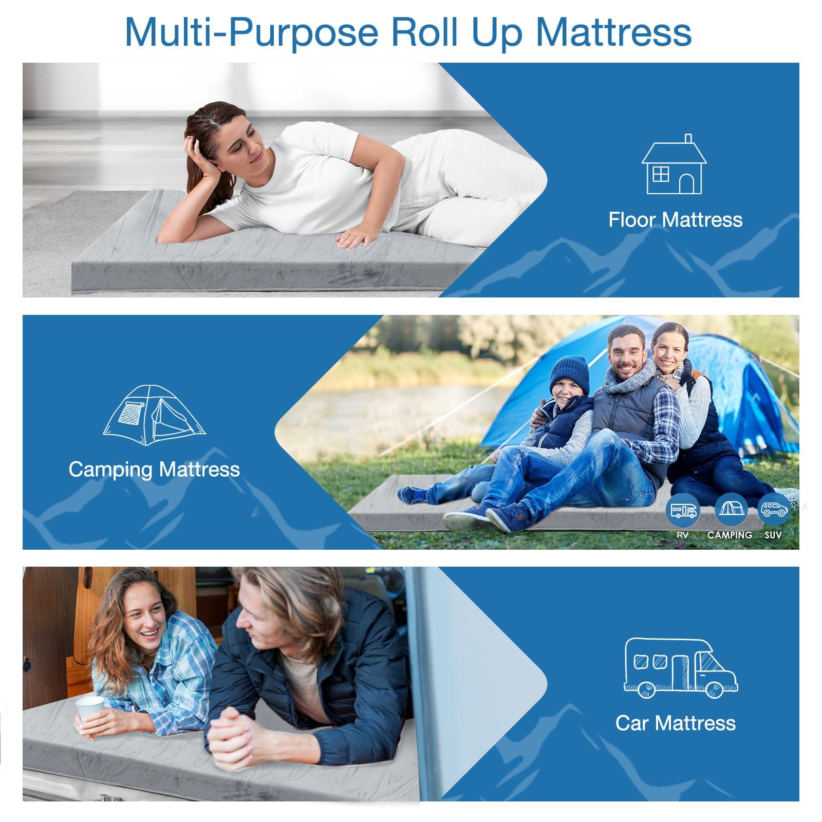 KingChii KingChii CertiPUR-US Memory Foam Camping Mattress, Portable Roll Up Travel Car Camping Mattress Sleeping Pad & Floor Mattress, Cot Mattress Guest Bed for Sleepover with Waterproof Cover & Travel Bag
