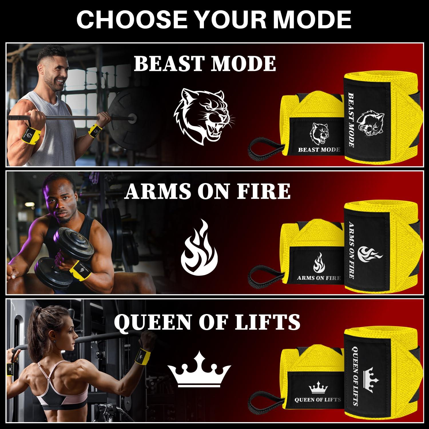TECEUM TECEUM Weightlifting Wrist Wraps with Thumb Loop Yellow Arms on Fire 12 inch Heavy-Duty Workout Wrist Support & Protection Ideal for Powerlifting, Strength Training, Bodybuilding