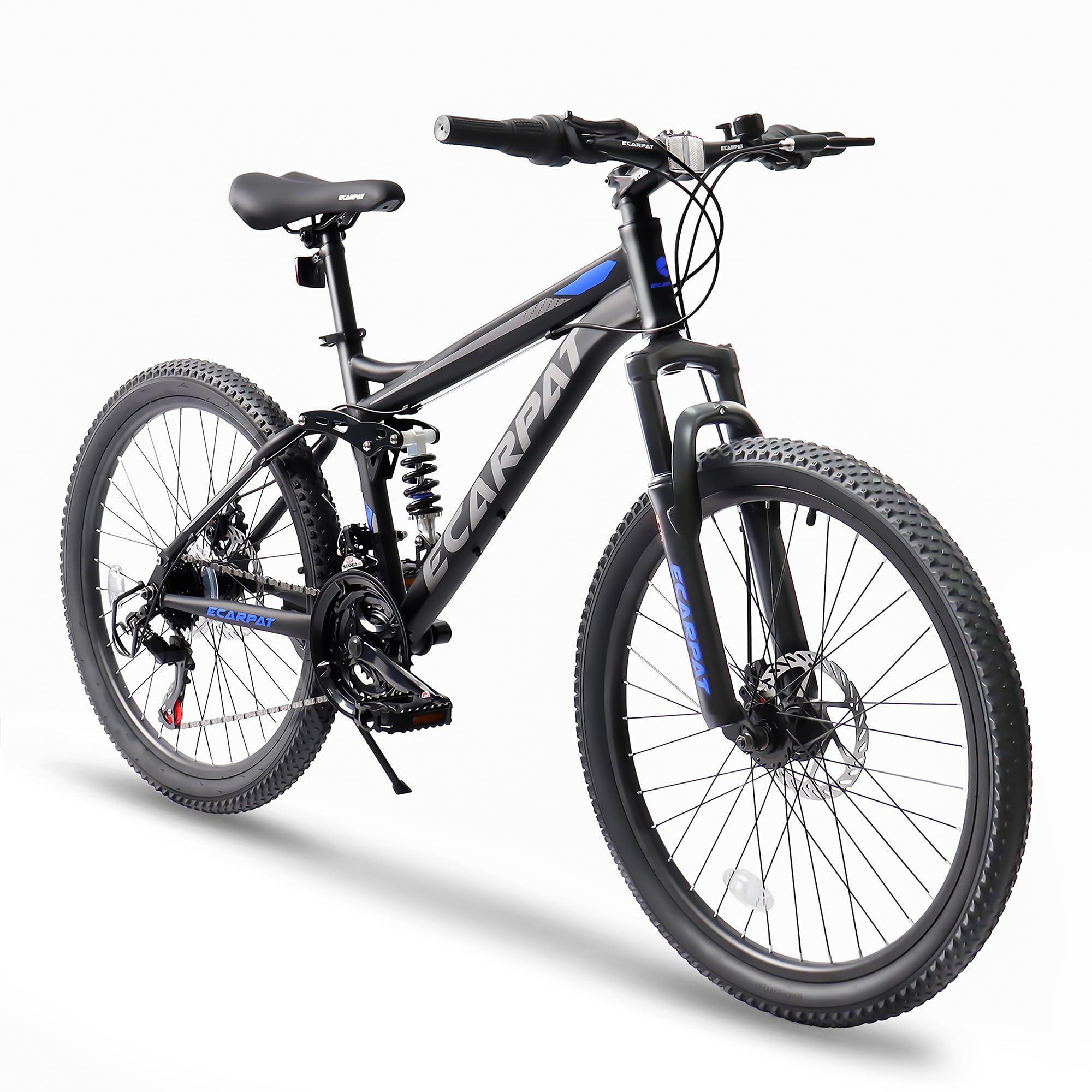 ECARPATEYE Mountain Bike 24 Inch Wheels, 21-Speed Full Suspension Trail Commuter City Mountain Bike, Carbon Steel Frame Disc Brakes Grip Shifter Front Fork Rear Shock Absorber Bicycles (Black, 24 Inch)
