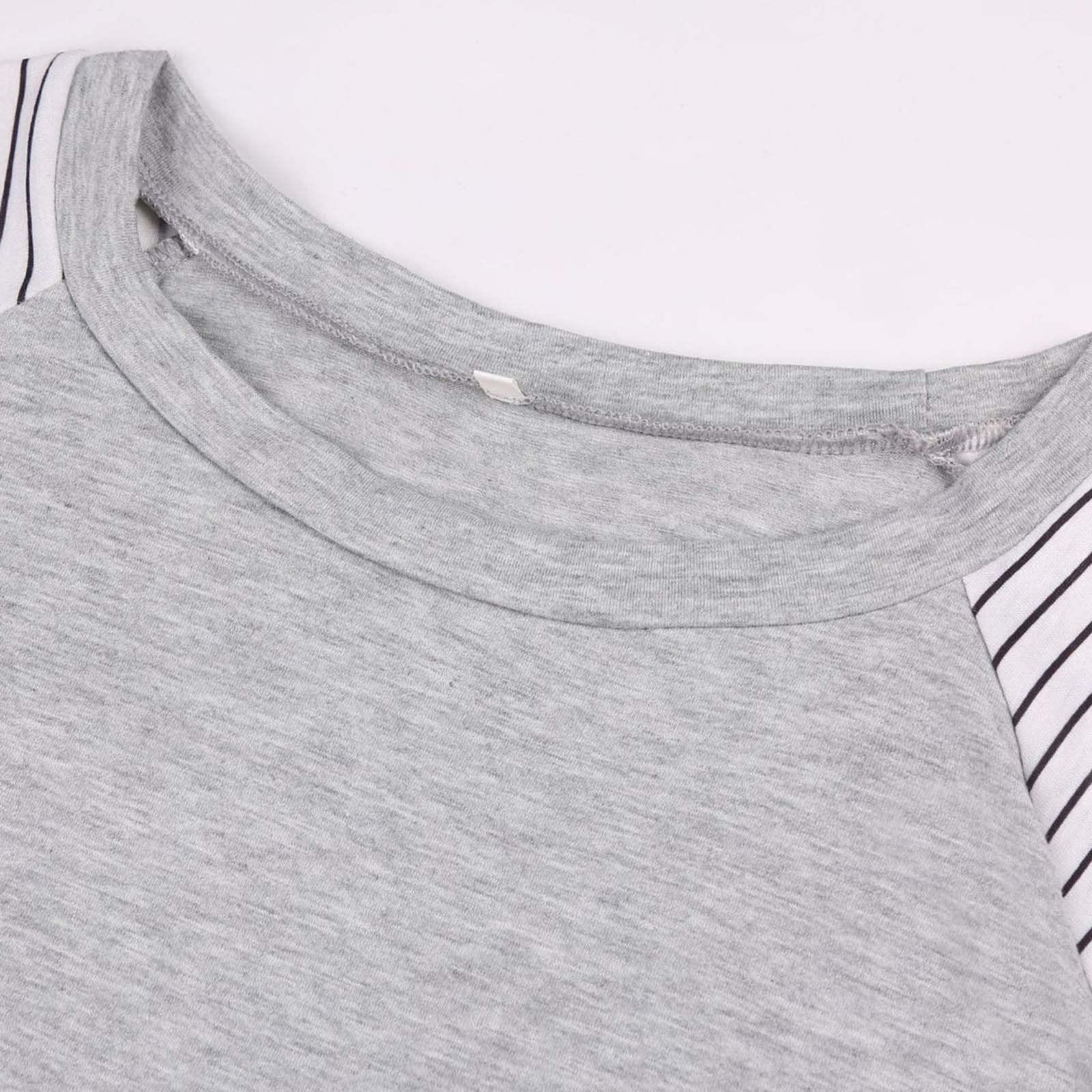 NineFit Basics Cotton Maternity Nursing Tops Short Sleeve Breastfeeding Clothes Shirt Stripe Round Neck Blouse with Pocket Gray XX-Large