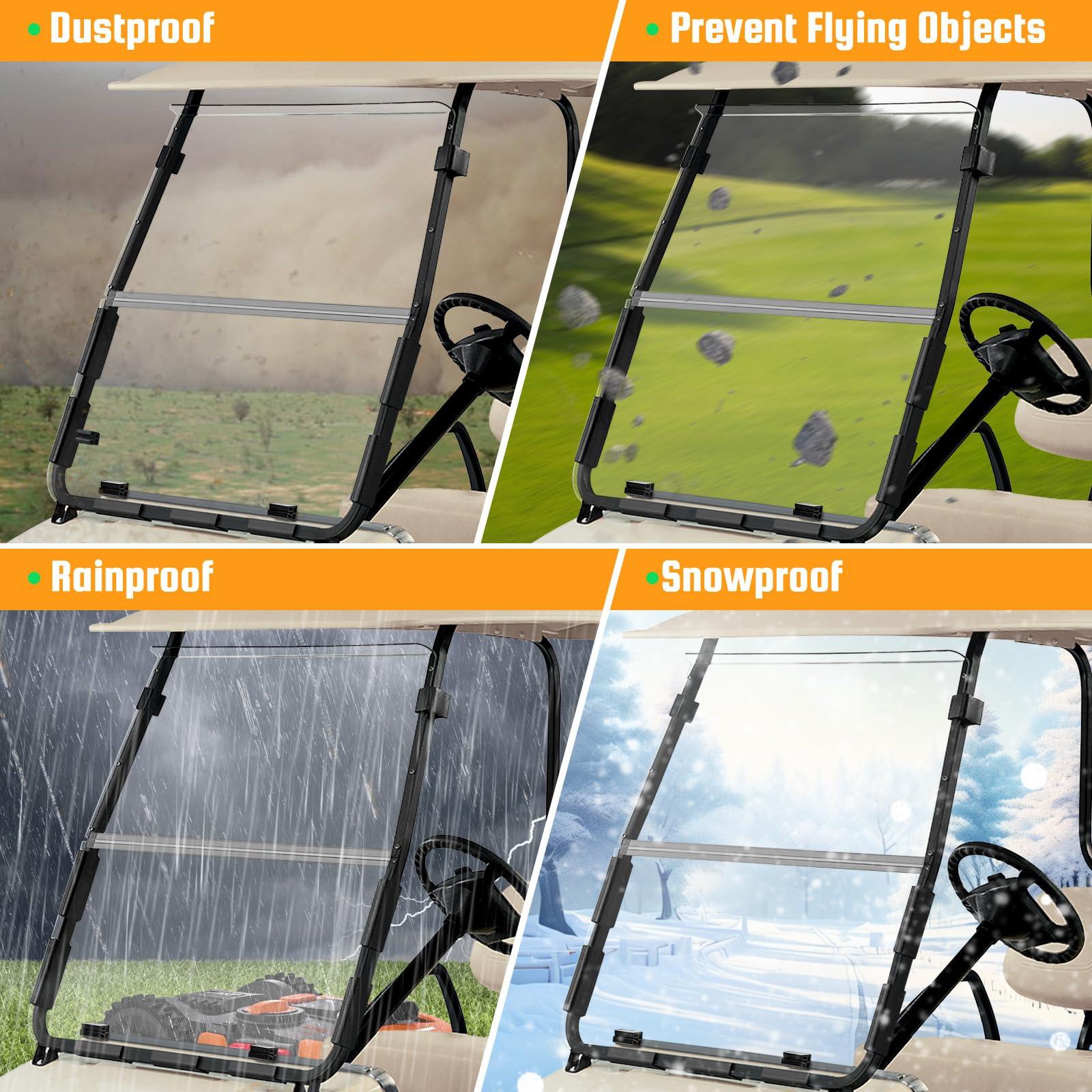 RIZINKART Golf Cart Windshield for Club Car DS Gas or Electric (2000-UP Models), Foldable Clear Impact Resistant Club Car Windshield for Golf Cart Fit 1 Inch Square Strut Window Frame (Clear)