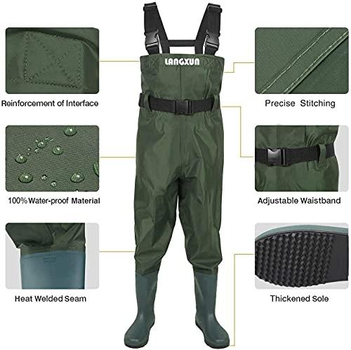 LANGXUN LANGXUN Chest Waders for Kids, Lightweight and Breathable PVC Fishing Waders for Toddler & Children, Waterproof Hutting Waders for Boys and Girls, Age 6/7 Little Kid