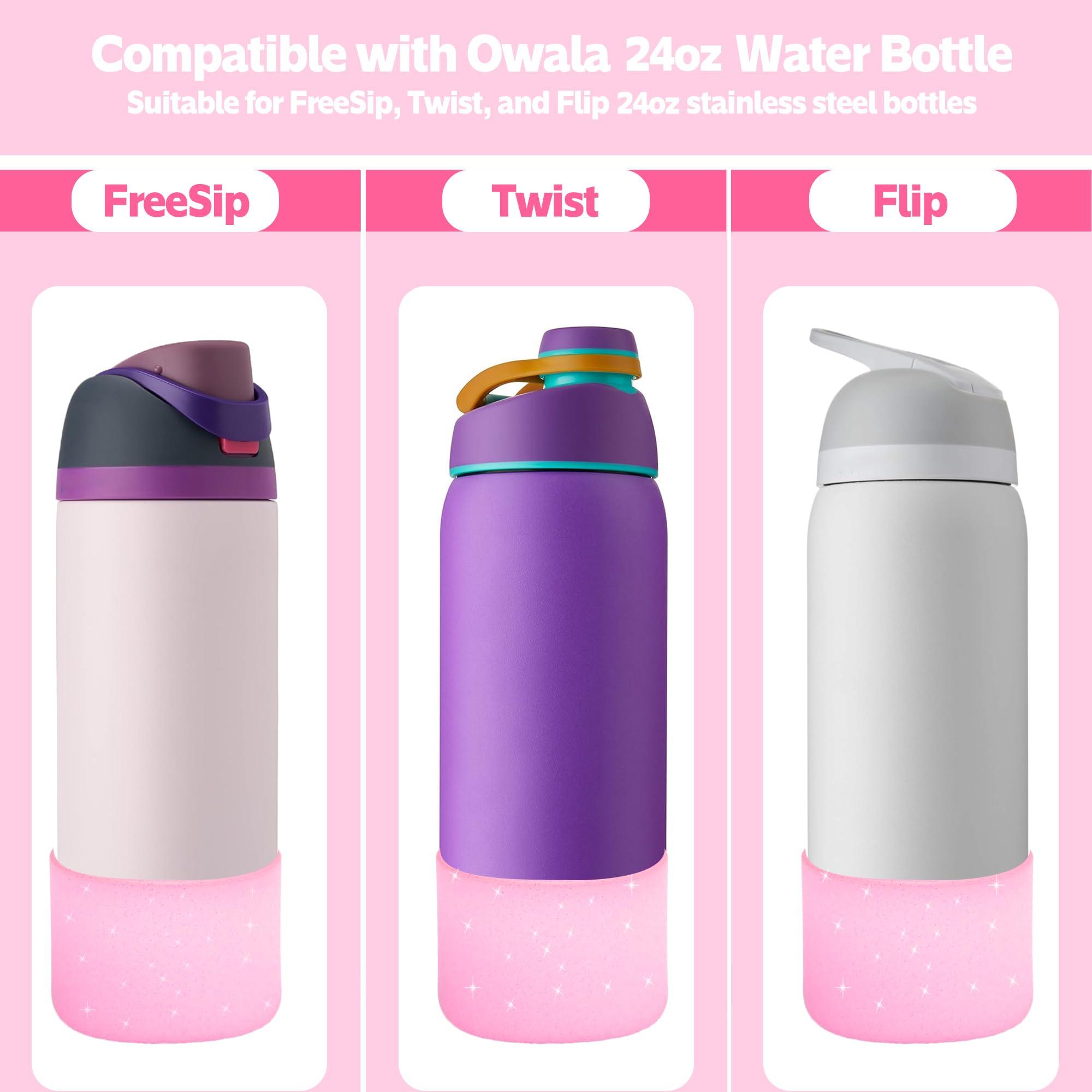 AESKEIA 2PCS Silicone Water Bottle Boot for Owala 24oz 32oz 40oz,Anti-Slip Protective Sleeve Bottom Bumper Protector for FreeSip, Twist, and Flip Stainless Steel Water Bottles (Clear Glitter Pink, 24oz)