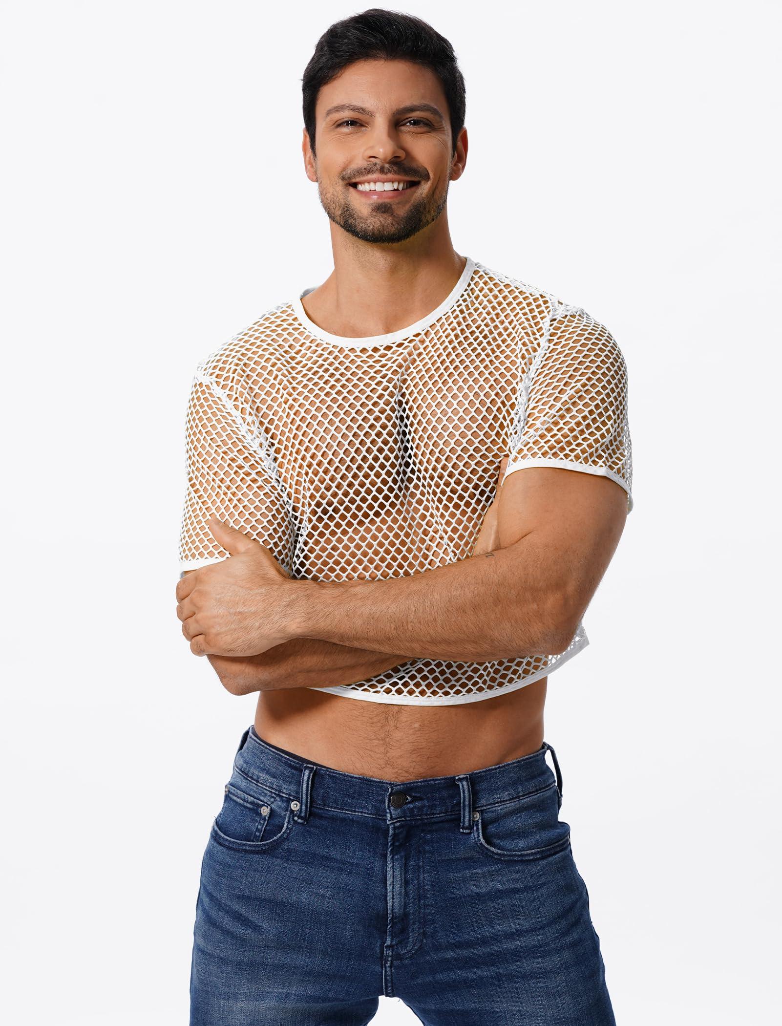FYMNSI FYMNSI Men's Fishnet Top Mesh Tee Shirt Short Sleeve Round Neck Crop Top Party Club Rave Outfits for Men Muscle Workout Tank Tops See Through Undershirt Gym Training Sports Half Shirt Tops White XXL
