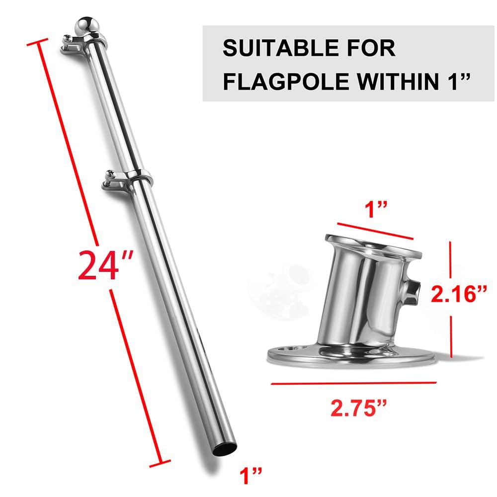 ZOMCHAIN ZOMCHAIN Marine Flag Pole with Base, Flag Pole Holder, 316 Stainless Steel Flag Pole Set for Boat, Yacht, Truck and Yard - Flag Pole 24 inch