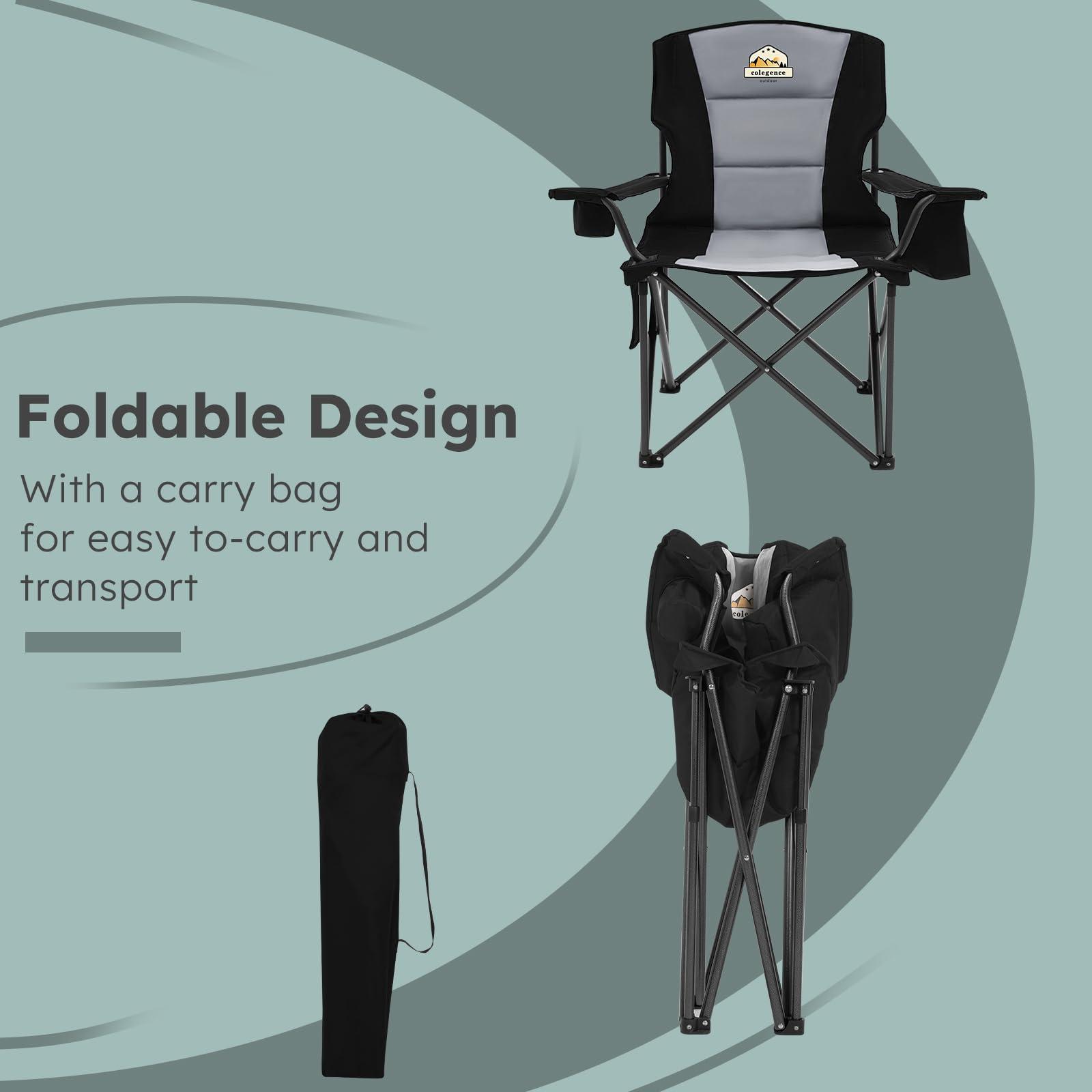 Colegence Colegence Oversized Folding Camping Chairs - 450 LBS Support Heavy Duty Camp Chair with Padded Cushion, Portable Outside Chairs with Carry BagCooler, Cup Holder for Outdoor, Lawn, Sports - Black