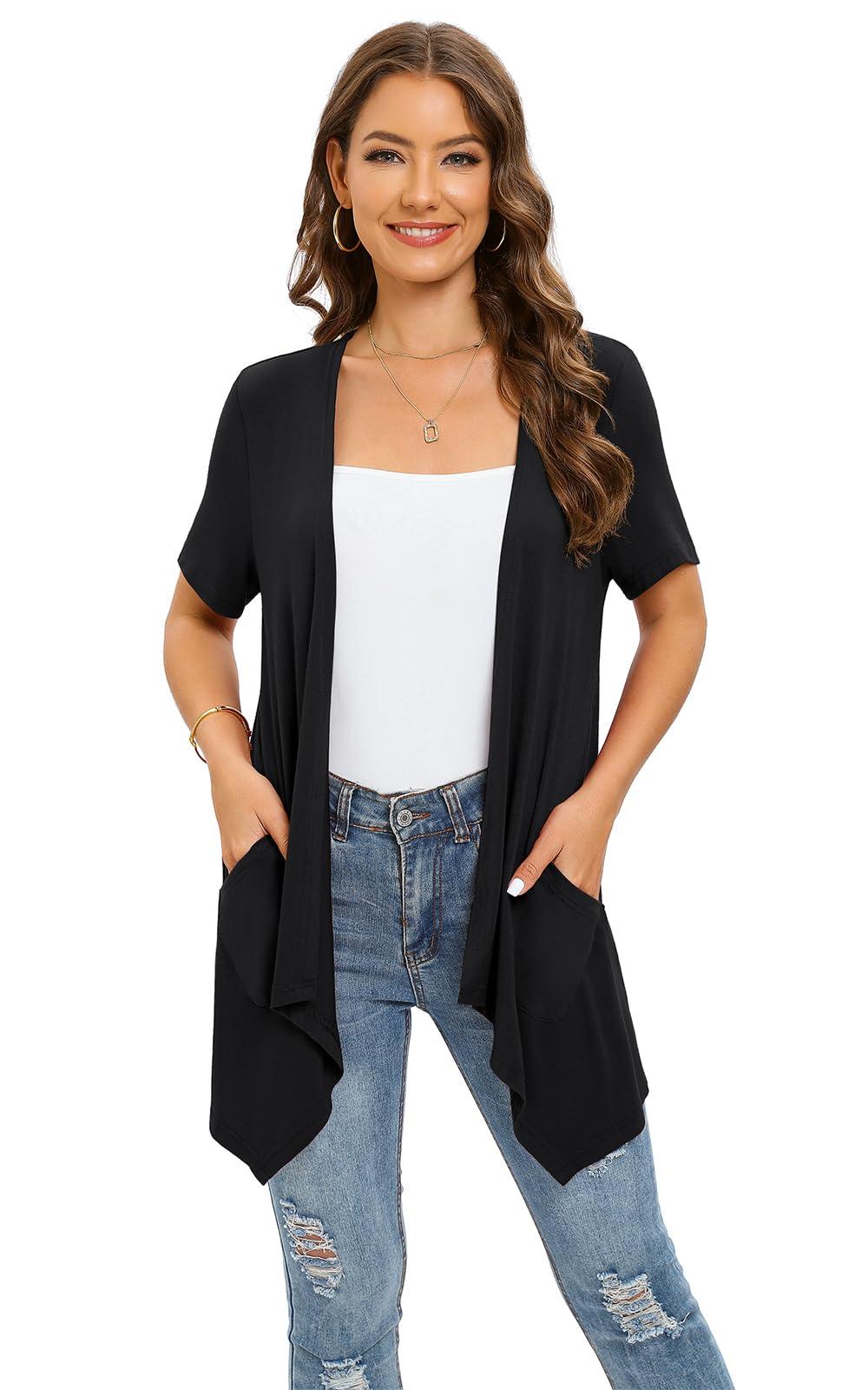 Veryoung Veryoung Black Cardigan for Women Plus Size Kimono Vest Casual Short Sleeve Open Front Lightweight Summer Cardigans with Pockets Draped Hem,Black,3XL