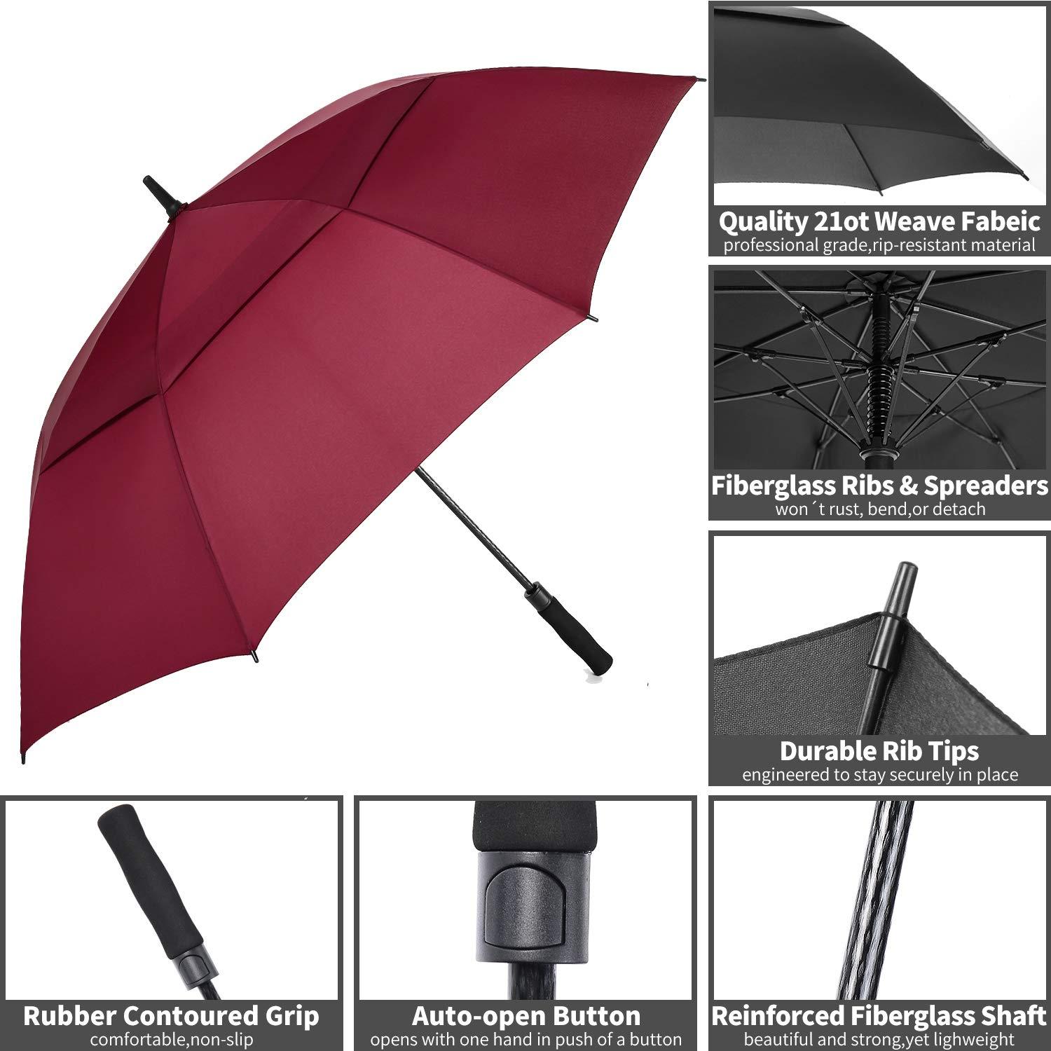MRTLLOA MRTLLOA Automatic Open Golf Umbrella, Extra-Large Oversized Double Canopy Vented Windproof Waterproof Stick Rain Golf Umbrellas for Men and Women (Burgundy/62 inch)