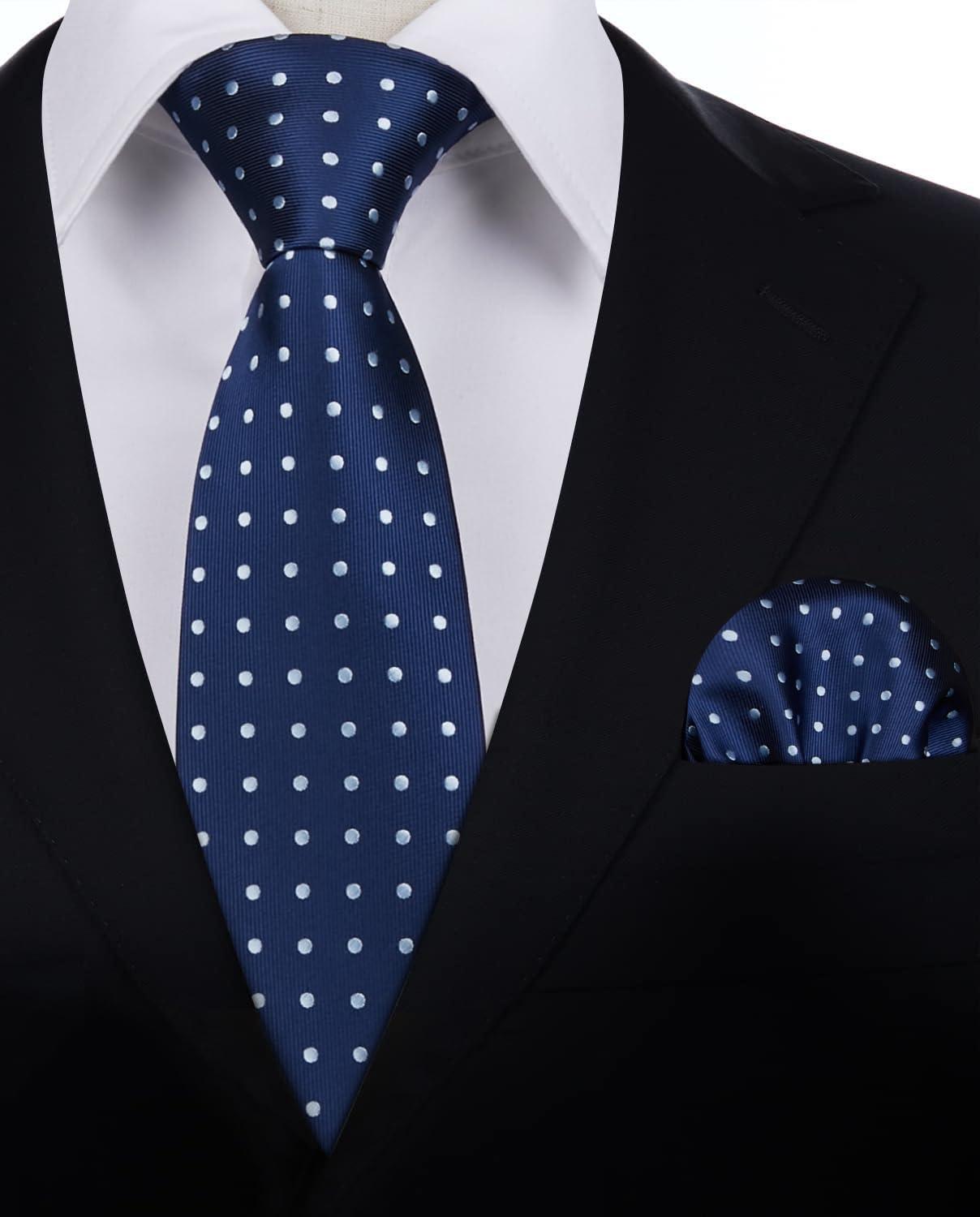 HISDERN HISDERN Navy Blue Ties for Men Formal Business Woven Silk Tie and Pocket Square Classic Polka Dot Ties for Men Wedding Party Neckties Handkerchief Set