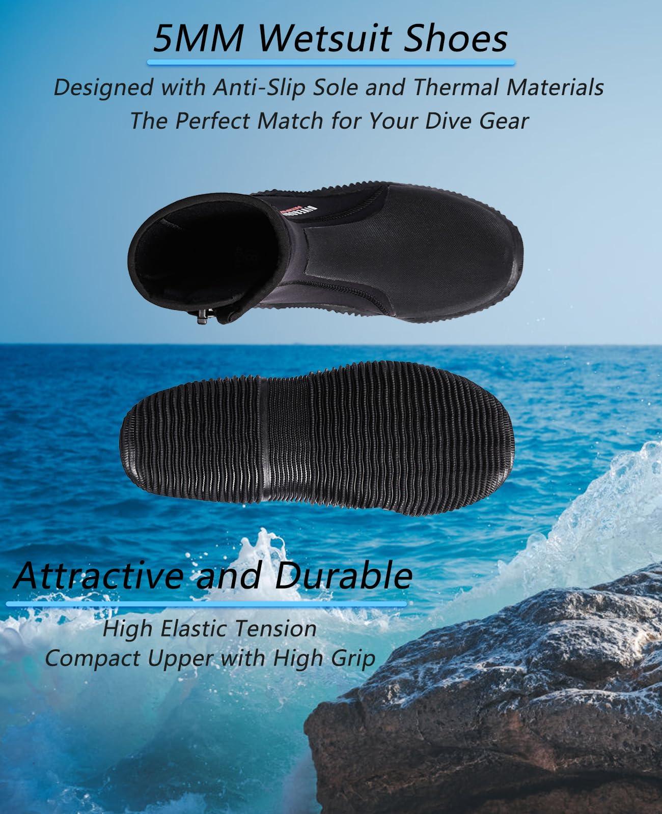 Skyone Skyone Neoprene Dive Boots Men Women, Surf Booties Scuba Diving Boots 5MM, Wetsuit Booties Scuba Shoes with Anti-Slip Premium Rubber Sole for Sailing Snorkeling Boating (Black, Mens 5 / Womens 6)