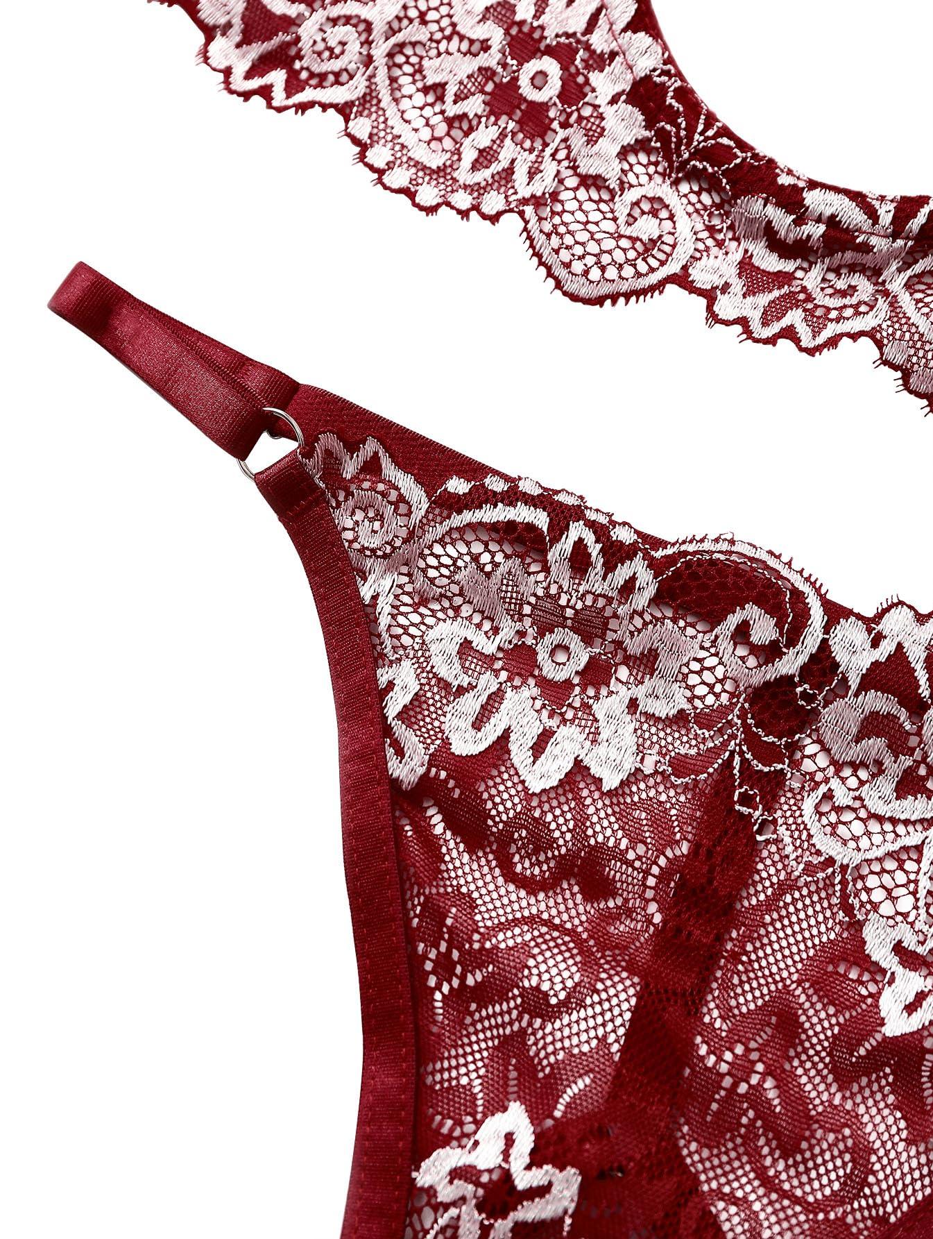 Lilosy Lilosy Petite Women's Sexy Underwire Floral Lace Sheer Bachelorette Lingerie Set See Through Bra and Panty 2 Piece Flower Burgundy Red X-Small