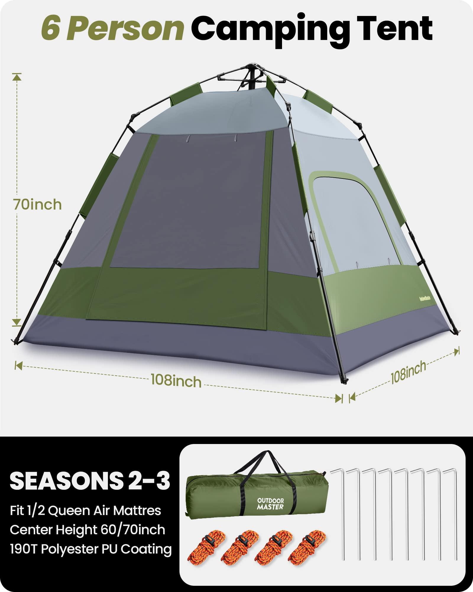 OutdoorMaster OutdoorMaster Camping Tents, 4/6 Person Camping Tent with Blackout Shelter Technology, Easy Setup in 60 Seconds, Weatherproof Pop Up Tent with Top Rainfly, Instant Cabin Tent (Green, 6 Person)