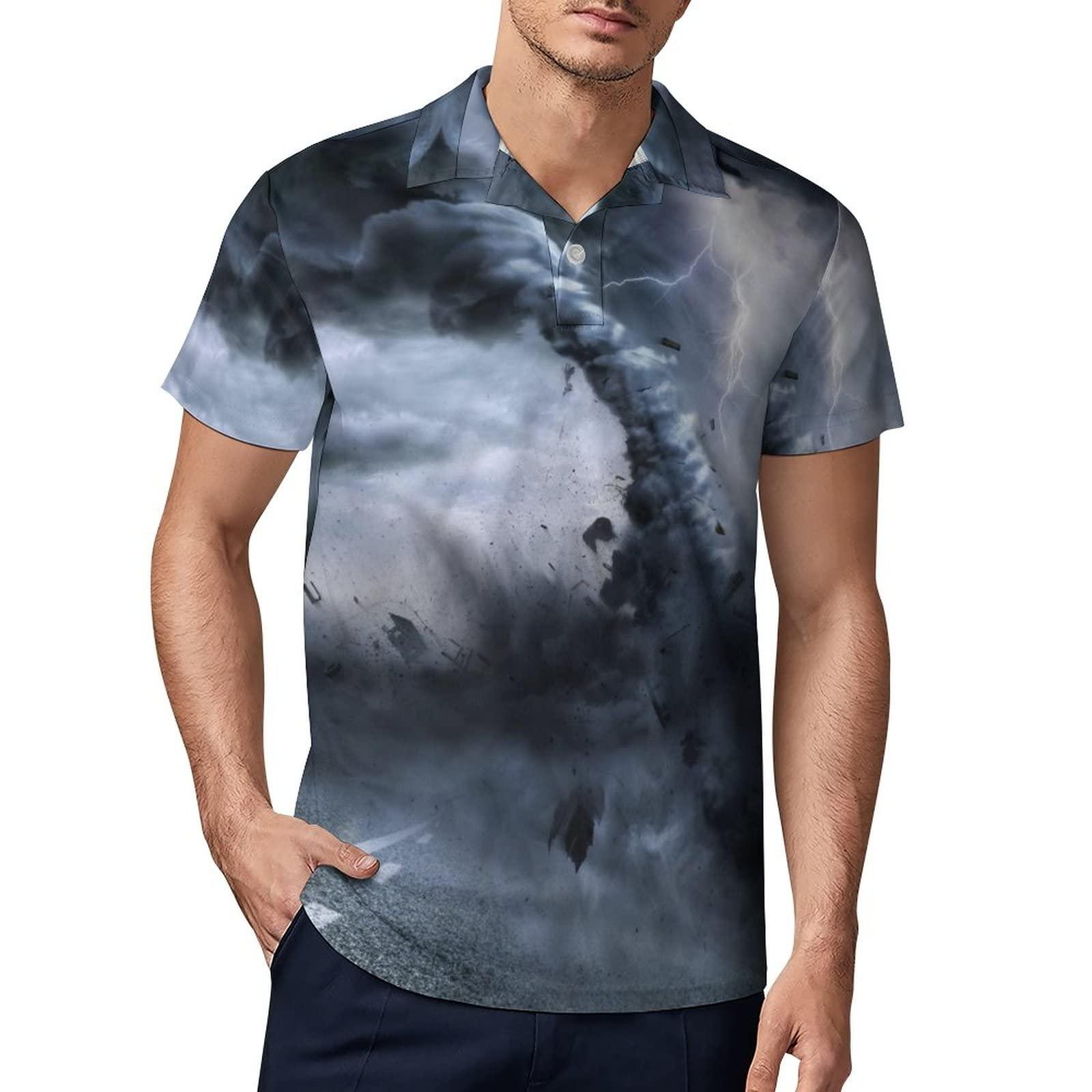 SONGTING Powerful Tornado Men's Polo Shirt Short Sleeve Print T Shirt Slim Fit Golf Shirt Collared Tee Casual Top XL