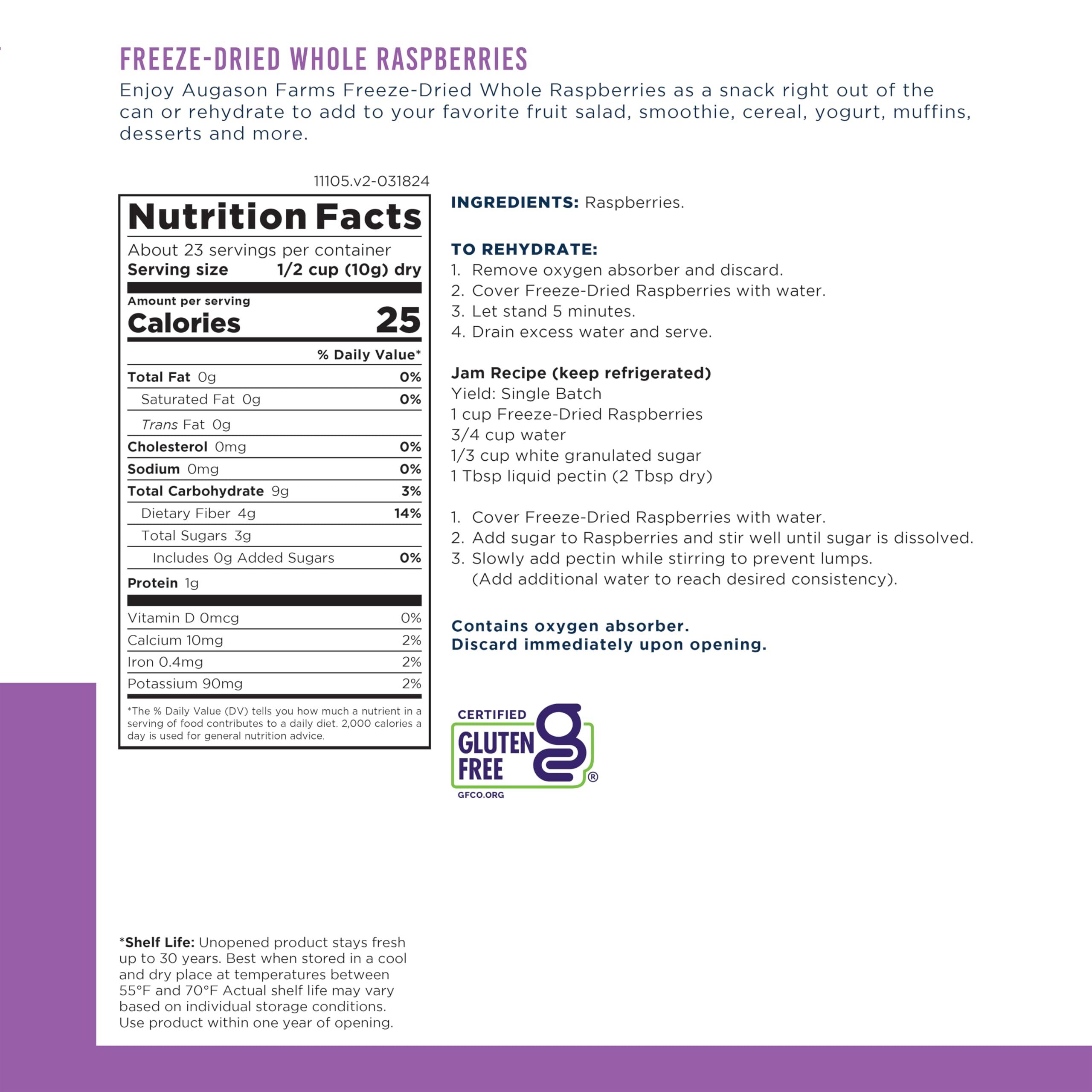 Augason Farms Augason Farms Freeze Dried Whole Raspberries Can, Emergency Food Supply, Everyday Meals, 23 Servings