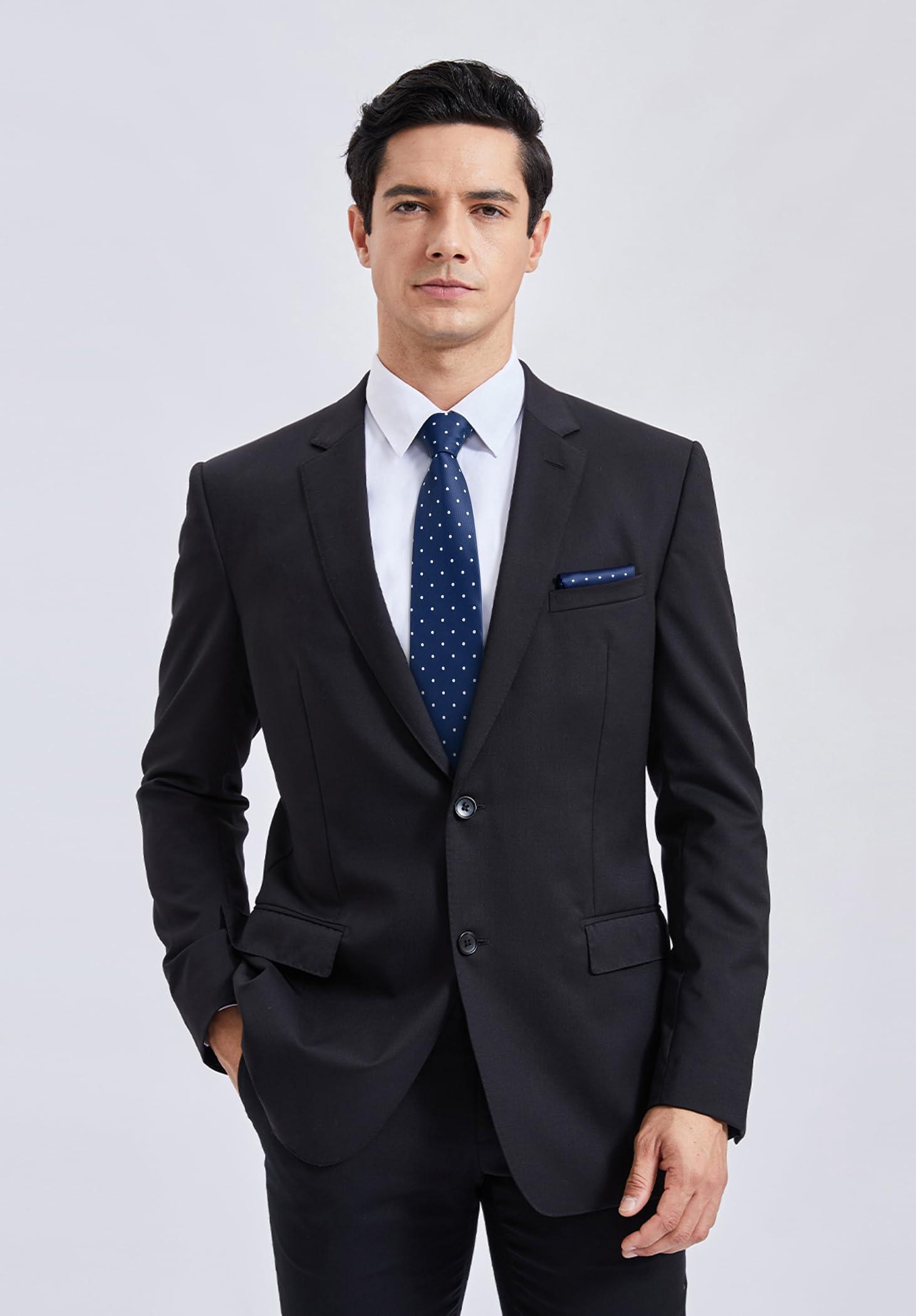 HISDERN HISDERN Navy Blue Ties for Men Formal Business Woven Silk Tie and Pocket Square Classic Polka Dot Ties for Men Wedding Party Neckties Handkerchief Set