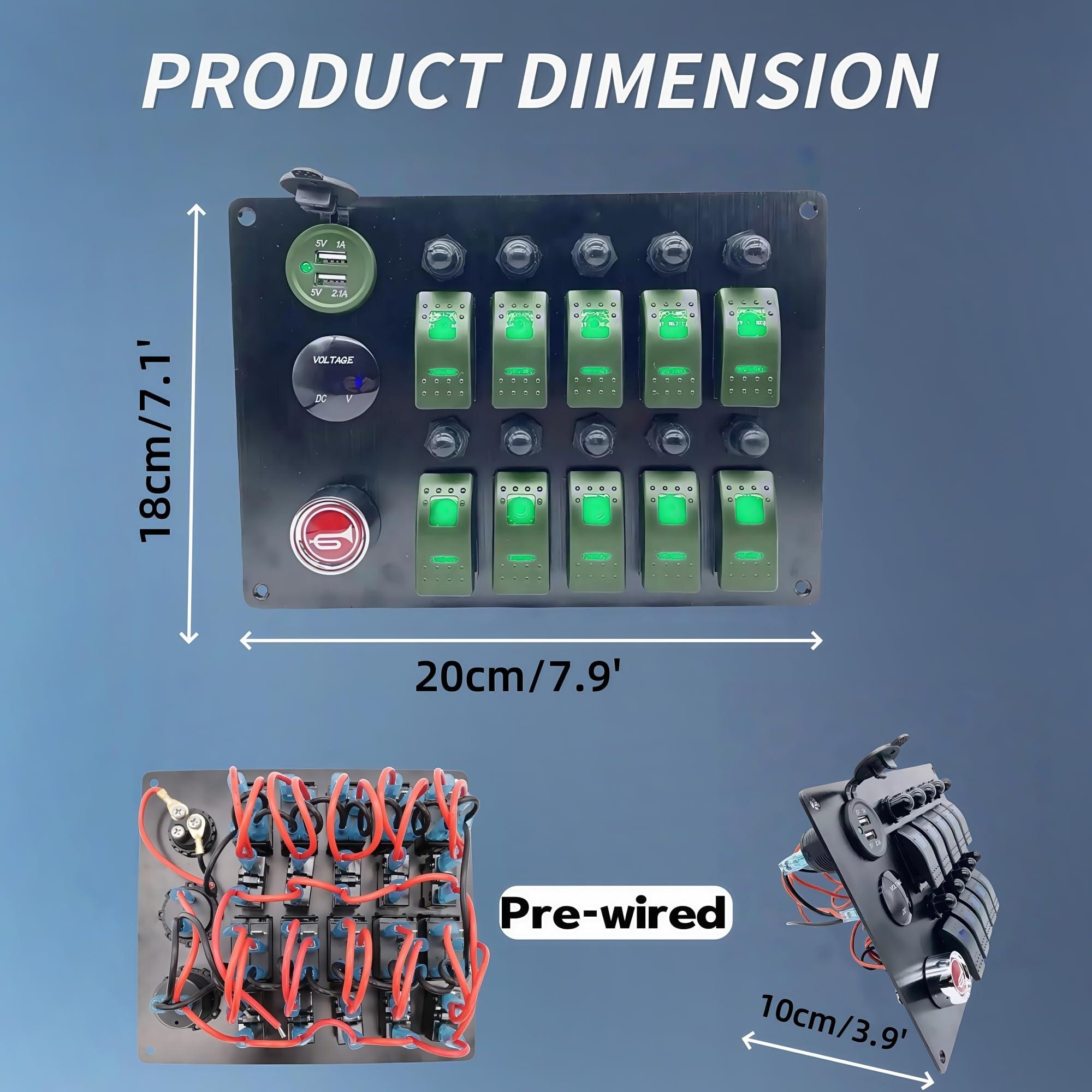 NineFit Basics 10 Gang Marine Rocker Switch Panel with Fuses, LED Voltmeter Dual USB Car Charger Power Socket Boat Horn Button 12V 24V RV Waterproof Switch Panel with Breakers for Truck Automotive (Green)