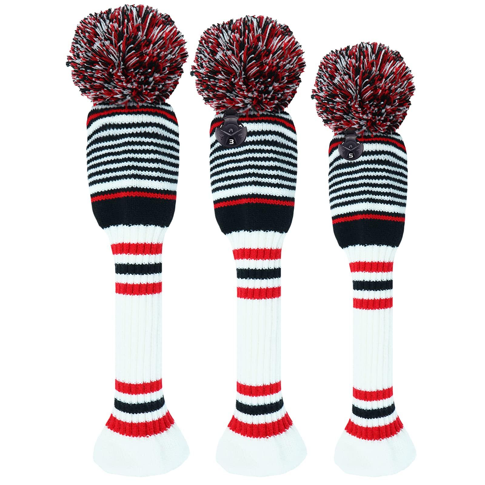 Amy Sport Golf Head Covers Knitted Woods Driver Fairway Hybrid Pom Pom Cover Washable Soft Kint Headcover 1 3 5 for Men Women Kids Sold in Separate (White&Black&Red Stripes, #1 Driver)