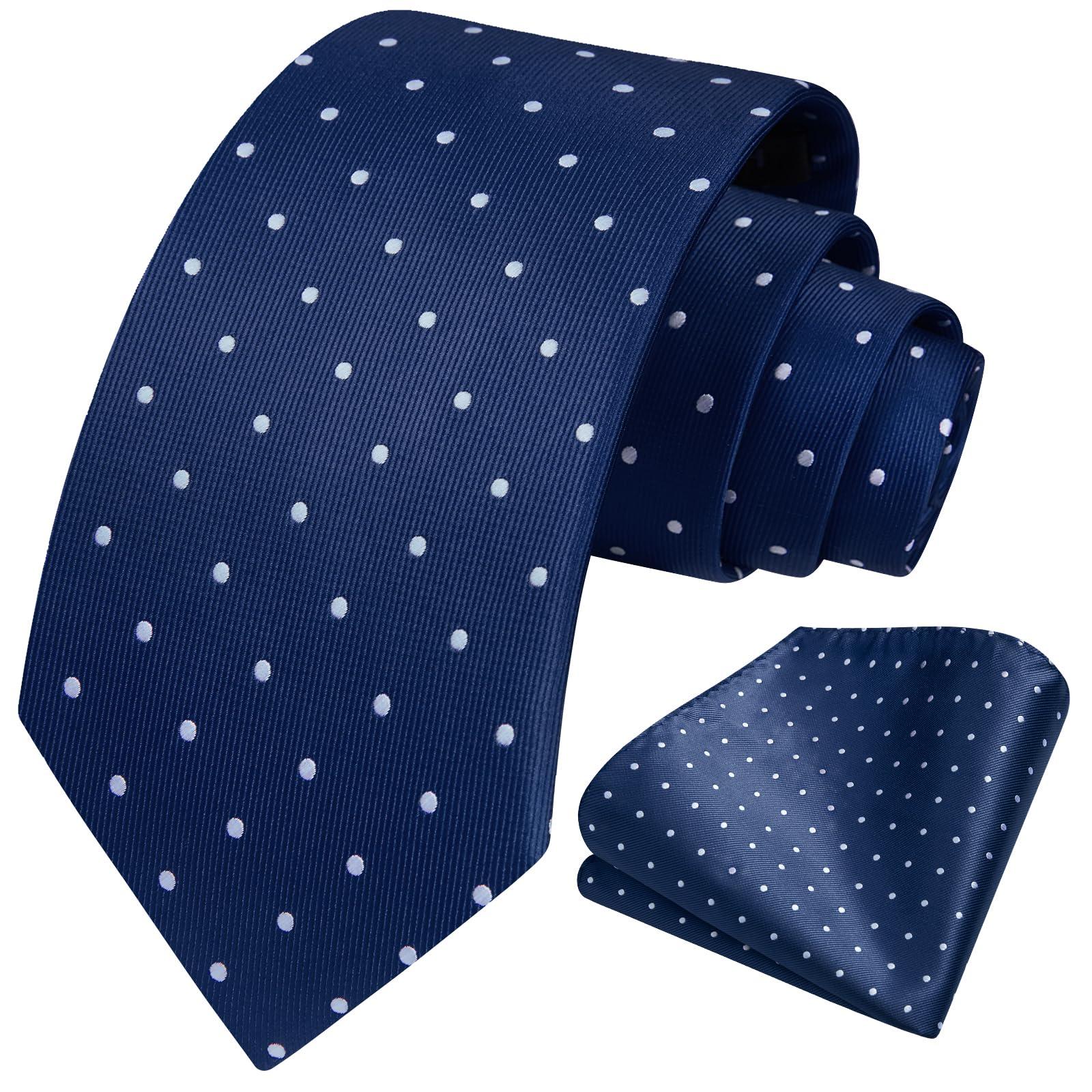 HISDERN HISDERN Navy Blue Ties for Men Formal Business Woven Silk Tie and Pocket Square Classic Polka Dot Ties for Men Wedding Party Neckties Handkerchief Set