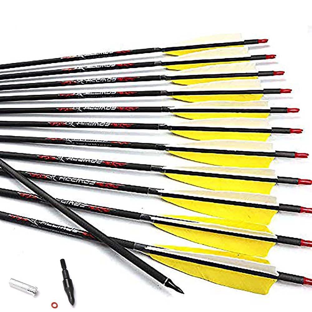 ACCMOS 12pc Custom Length Carbon Arrows for 15-95 Lb Compound Bow ID 6.2mm .244\" 22-33 Inch Spine 250 300 340 400 500 600 700 800 Target Practice & Hunting Arrow Adult Youth Shooting