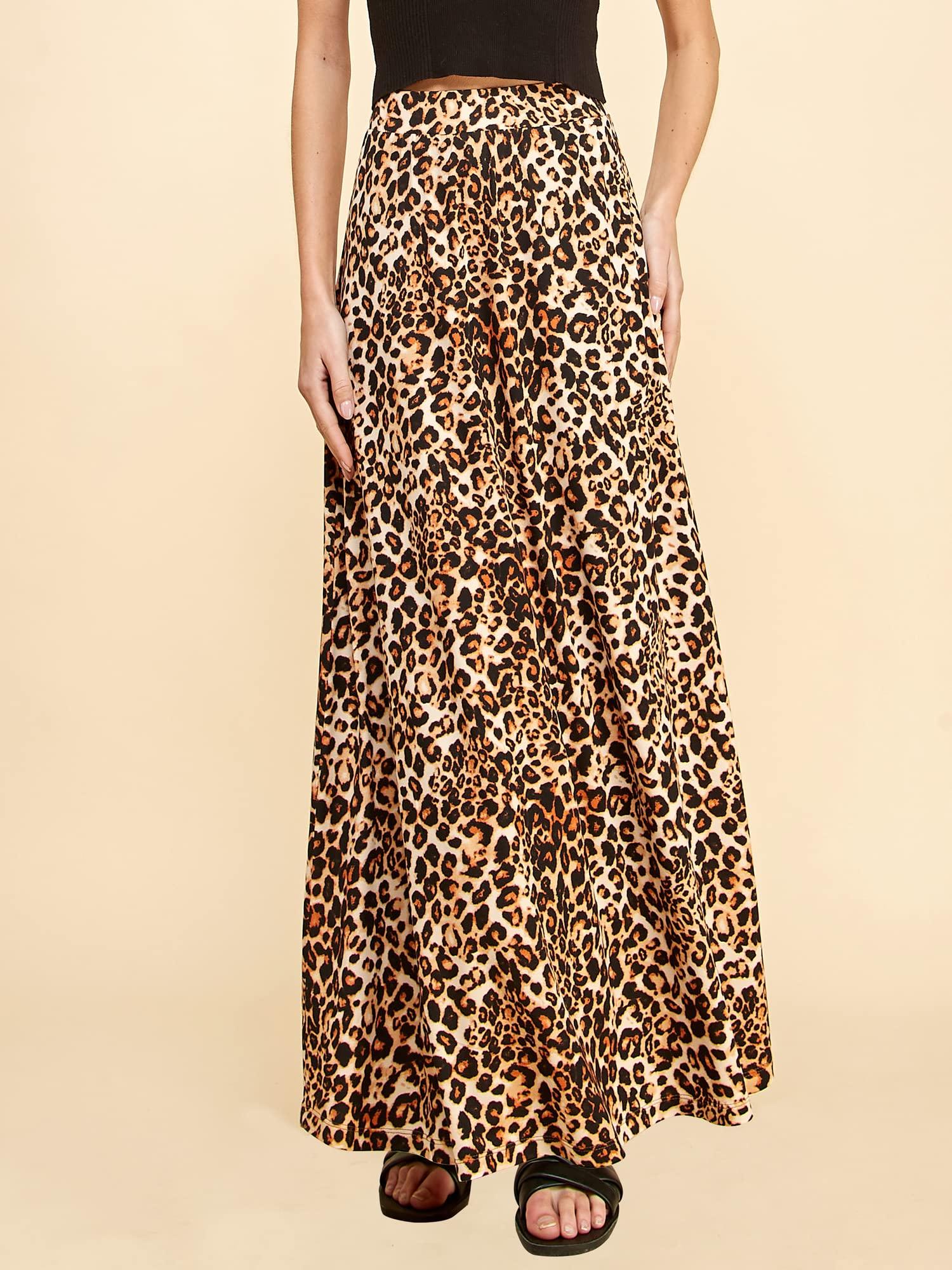 Lock and Love LL WDR1434 Womens Leopard Print Maxi Skirt with Elastic Waist Band XL Leopard
