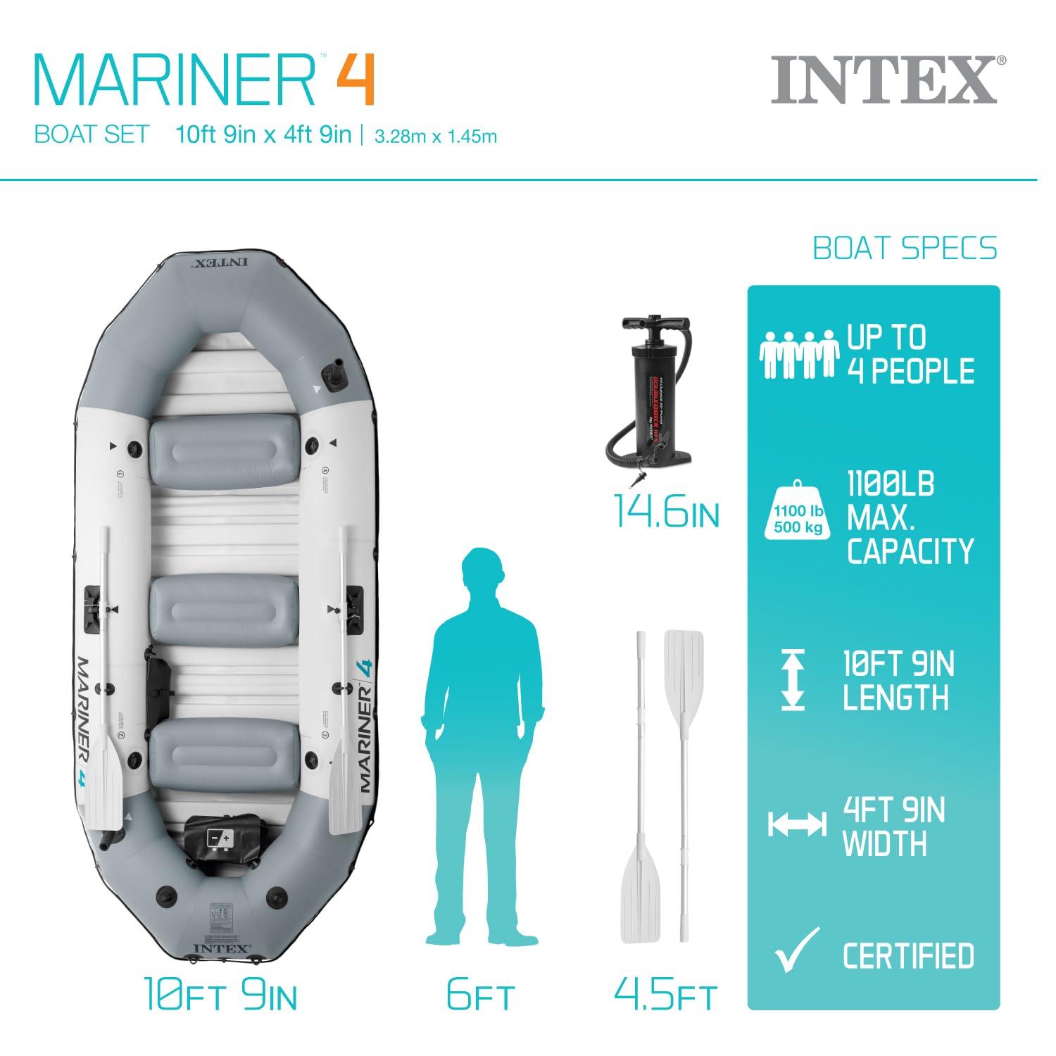 Intex INTEX 68373EP Mariner 3 Inflatable Boat Set: Includes Deluxe 54in Boat Oars and High-Output Pump Wear-Resistant Keel Removable Fishing Rod Holders 3-Person 880lb Weight Capacity