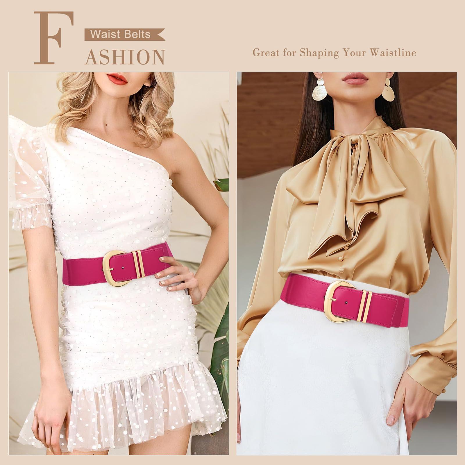 WHIPPY WHIPPY Women Wide Elastic Waist Belt for Dresses Fashion Gold Buckle Stretchy Leather Waistband for Ladies, Rose Red, Fits Waist 38"-45"
