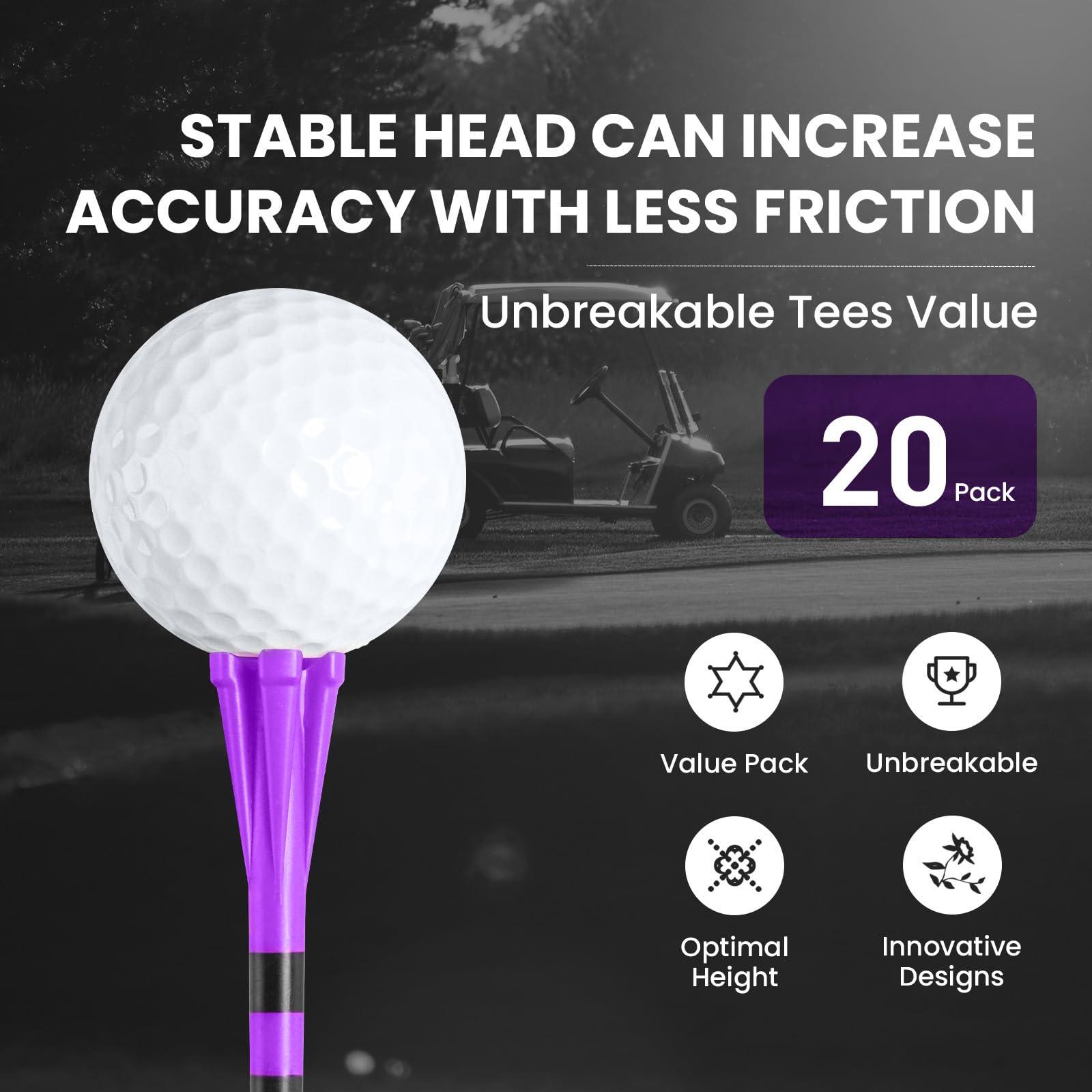VEASAERS Golf Tees Plastic 3 1/4 2 3/4 inch Unbreakable 20 50 100 Pack, Bulk Long Stronger Upgrade More Durable Stable Reduce Friction Side Spin Tee Pink Pouple Gift for Men Women (20Pcs 3 1/4 inch, Purple)
