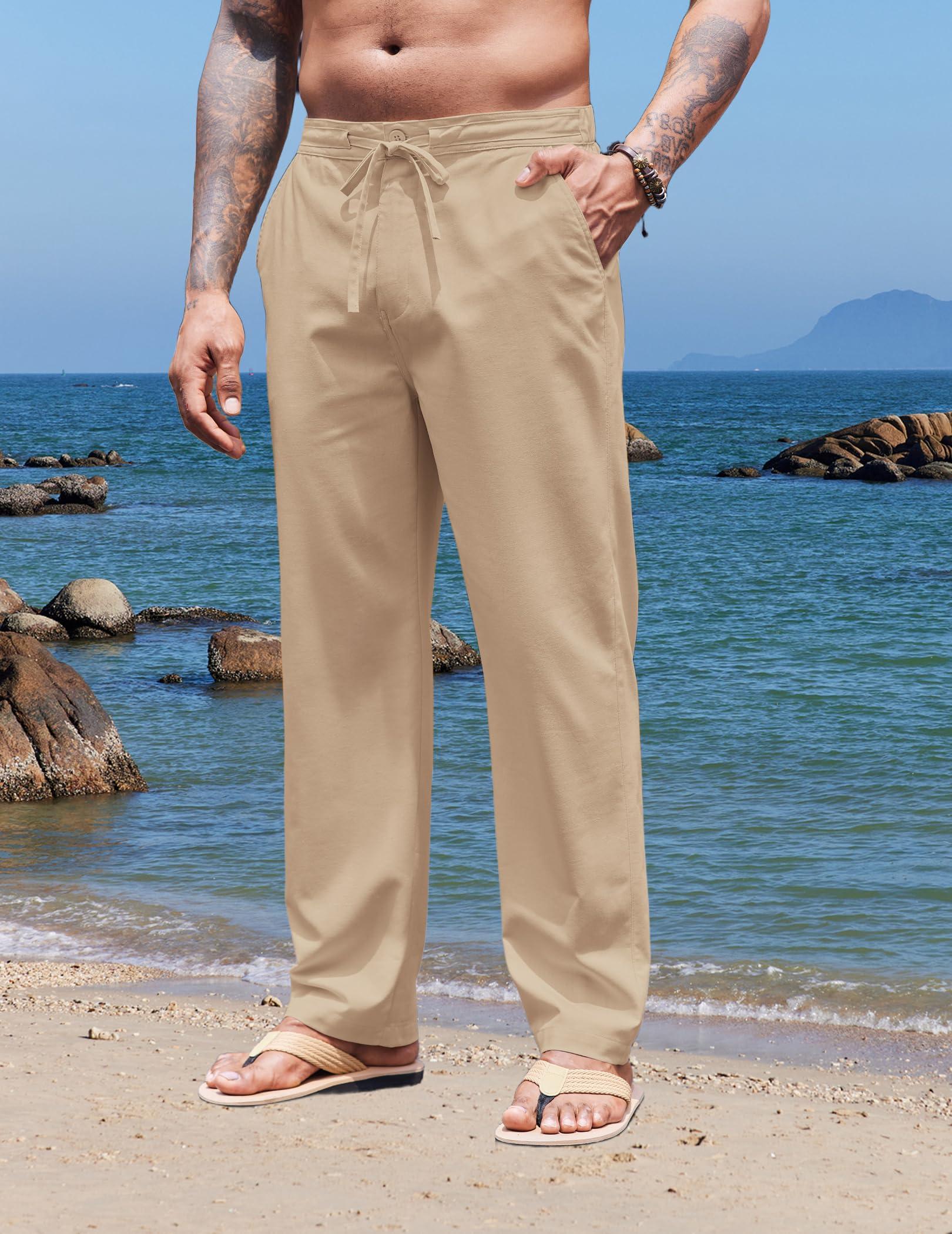 COOFANDY COOFANDY Mens Linen Pants Loose Fit Yoga Beach Pants Casual Summer Elastic Waist Drawstring Trousers with Pockets Khaki