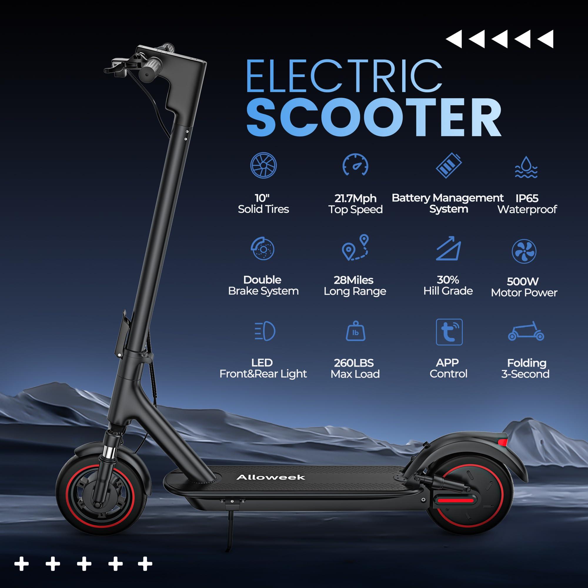 Alloweek Alloweek Electric Scooter, 10" Solid Tires, 500W Motor, 22Mph, 22/28/52 Miles Long Range, Folding E-Scooter with Dual Suspension and Braking System (A1MAX)