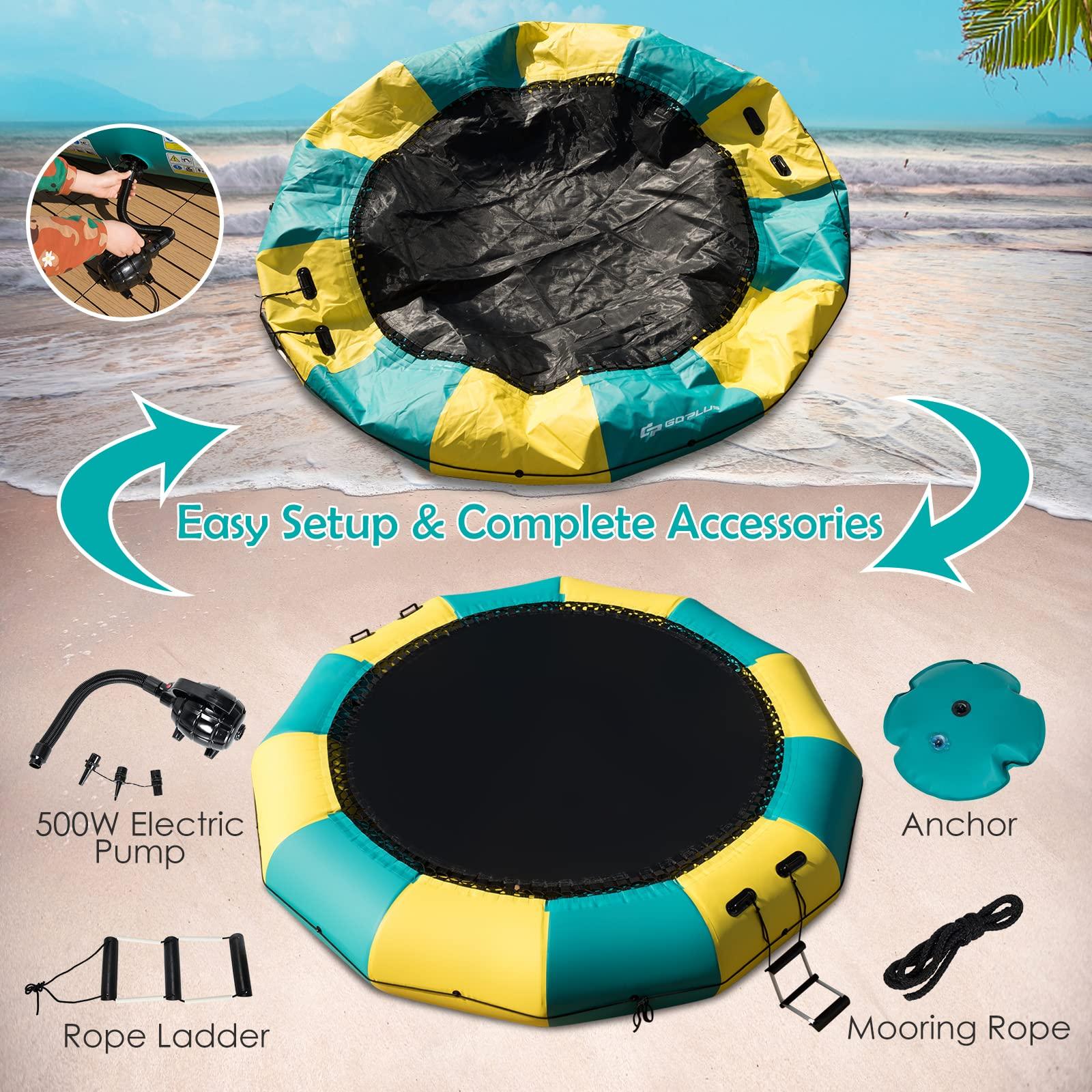 GYMAX GYMAX Water Trampoline, Floating Lake Trampoline with Electric Pump & Rope Ladder, Inflatable Water Bouncer for Lake, Heavy Duty for Adults (12Feet Yellow)