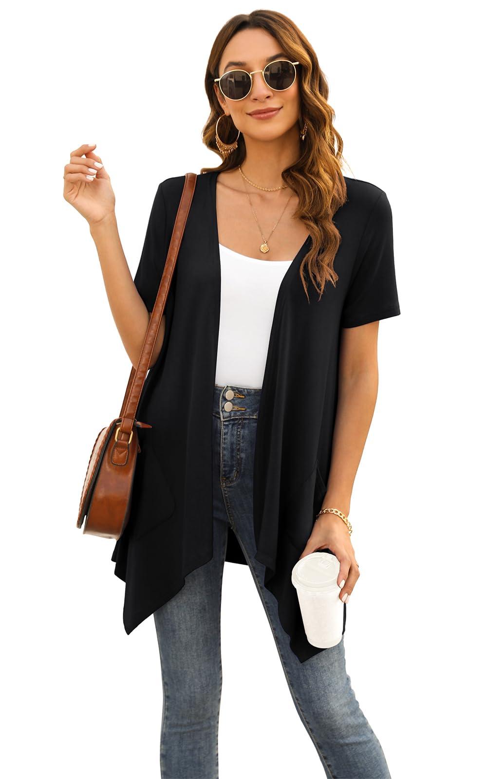 Veryoung Veryoung Black Cardigan for Women Plus Size Kimono Vest Casual Short Sleeve Open Front Lightweight Summer Cardigans with Pockets Draped Hem,Black,3XL