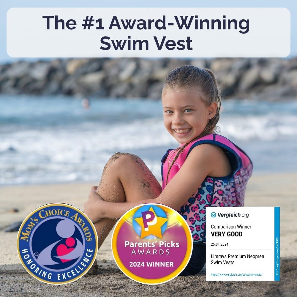 Limmys Limmys Premium Kids Swim Vest - Toddler Swim Jacket and Buoyancy Swimming Aid - Modern Design Swimming Vest for Boys, Girls and Babies - Drawstring Bag Included (Pink Leopard, Large)