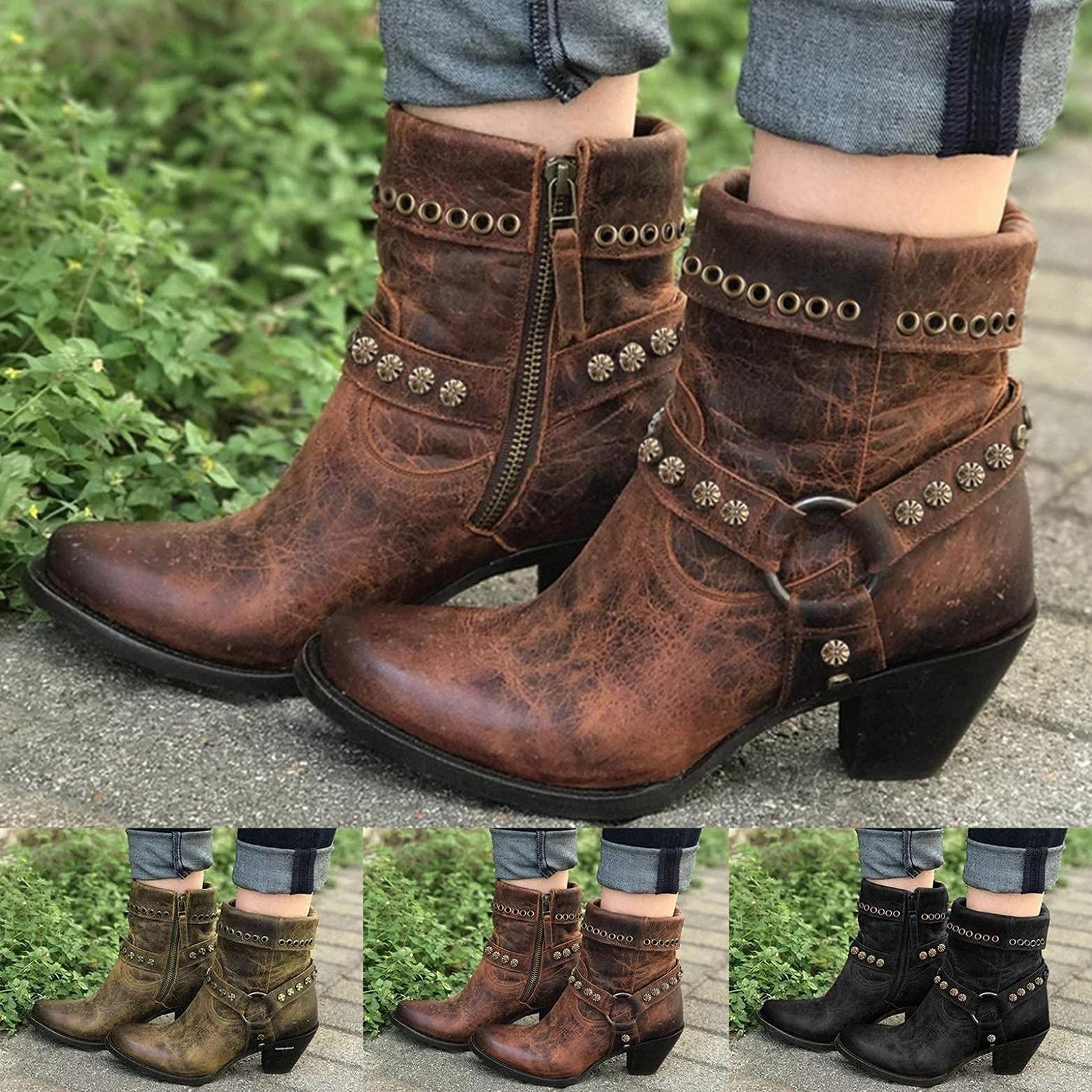 Bcshiye Bcshiye Women's Ankle Bootie,Fashion Vintage Slip on Pointed Toe Mid Heel Booties Thick Heel Western Boots for Women