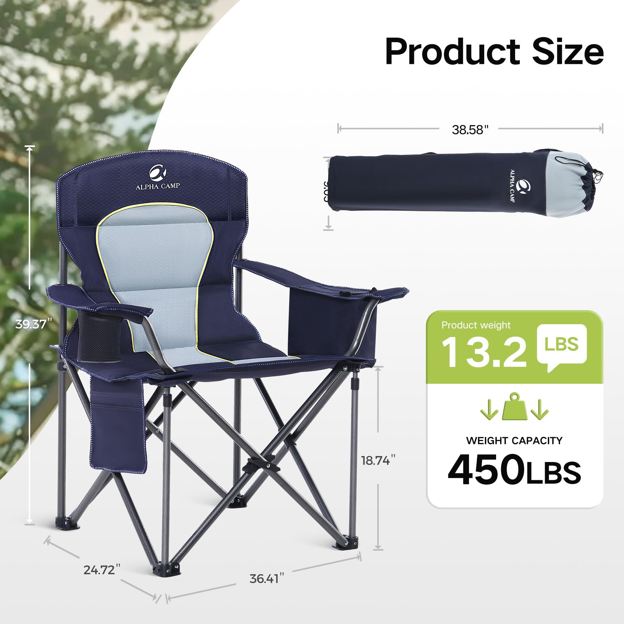 GREEN PARTY GREEN PARTY Folding Camping Chair Oversized Heavy Duty Lawn Chair with Cooler Bag, Cup Holder, Storage Pocket, Collapsible Padded Outdoor Arm Chair, Quad Lumbar Back Chair Supports 450LBS